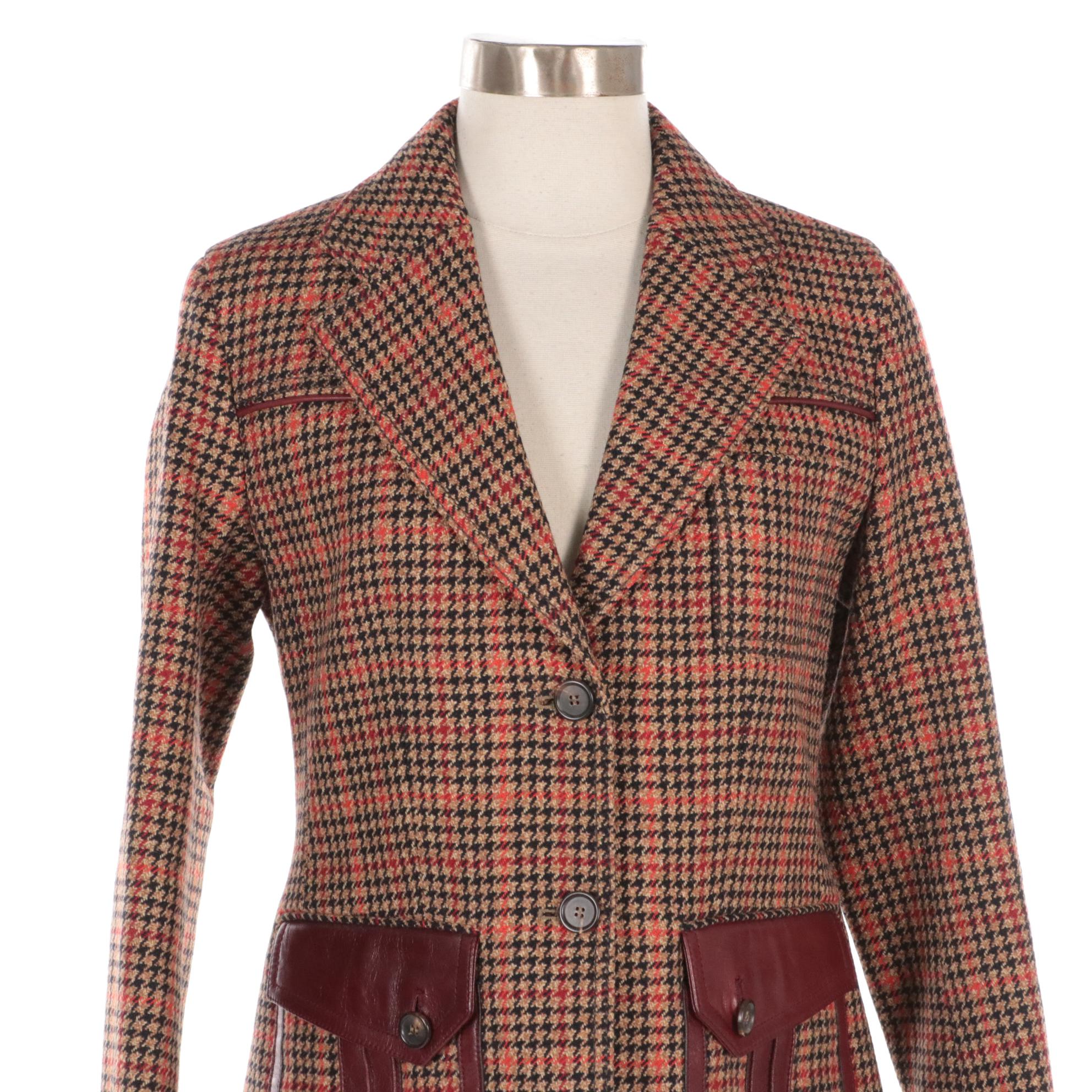 Prada Red Leather-Trimmed Houndstooth Wool Blend Blazer