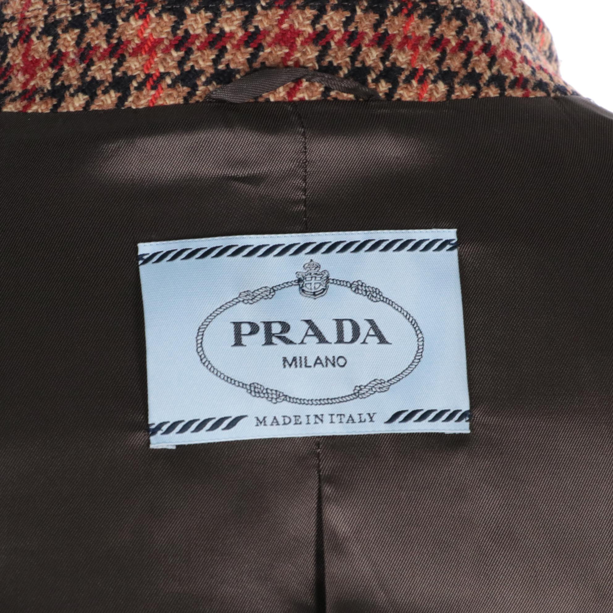 Prada Red Leather-Trimmed Houndstooth Wool Blend Blazer