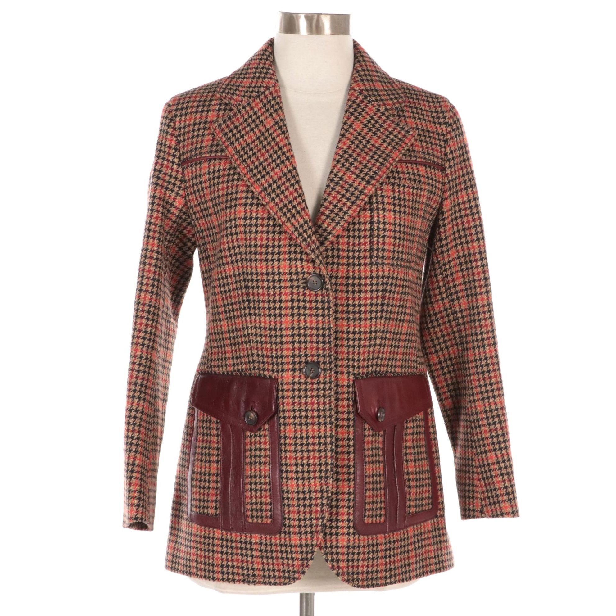 Prada Red Leather-Trimmed Houndstooth Wool Blend Blazer