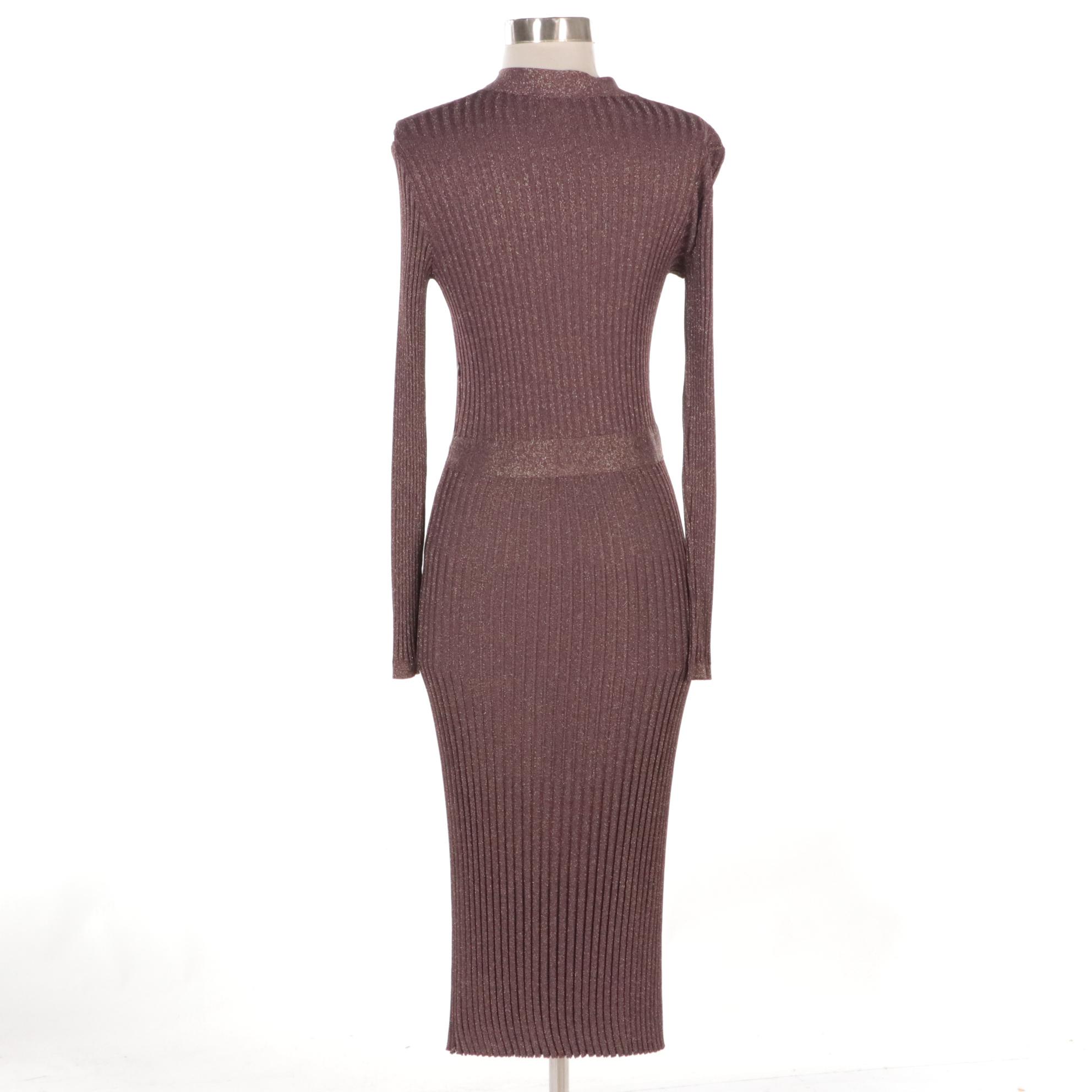 Prada Metallic Ribbed Knit Bodycon Midi Dress with Neck Tie Detail