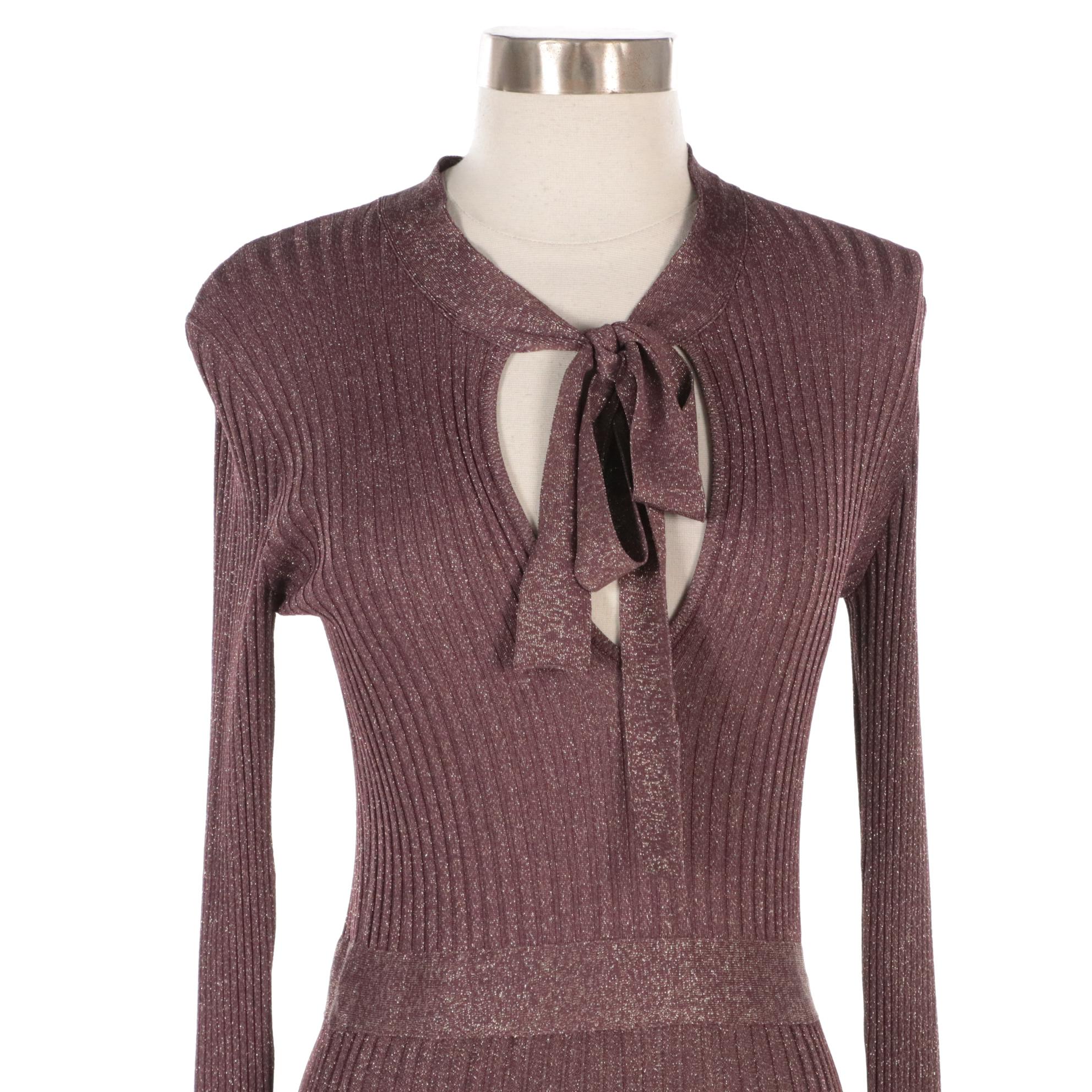 Prada Metallic Ribbed Knit Bodycon Midi Dress with Neck Tie Detail