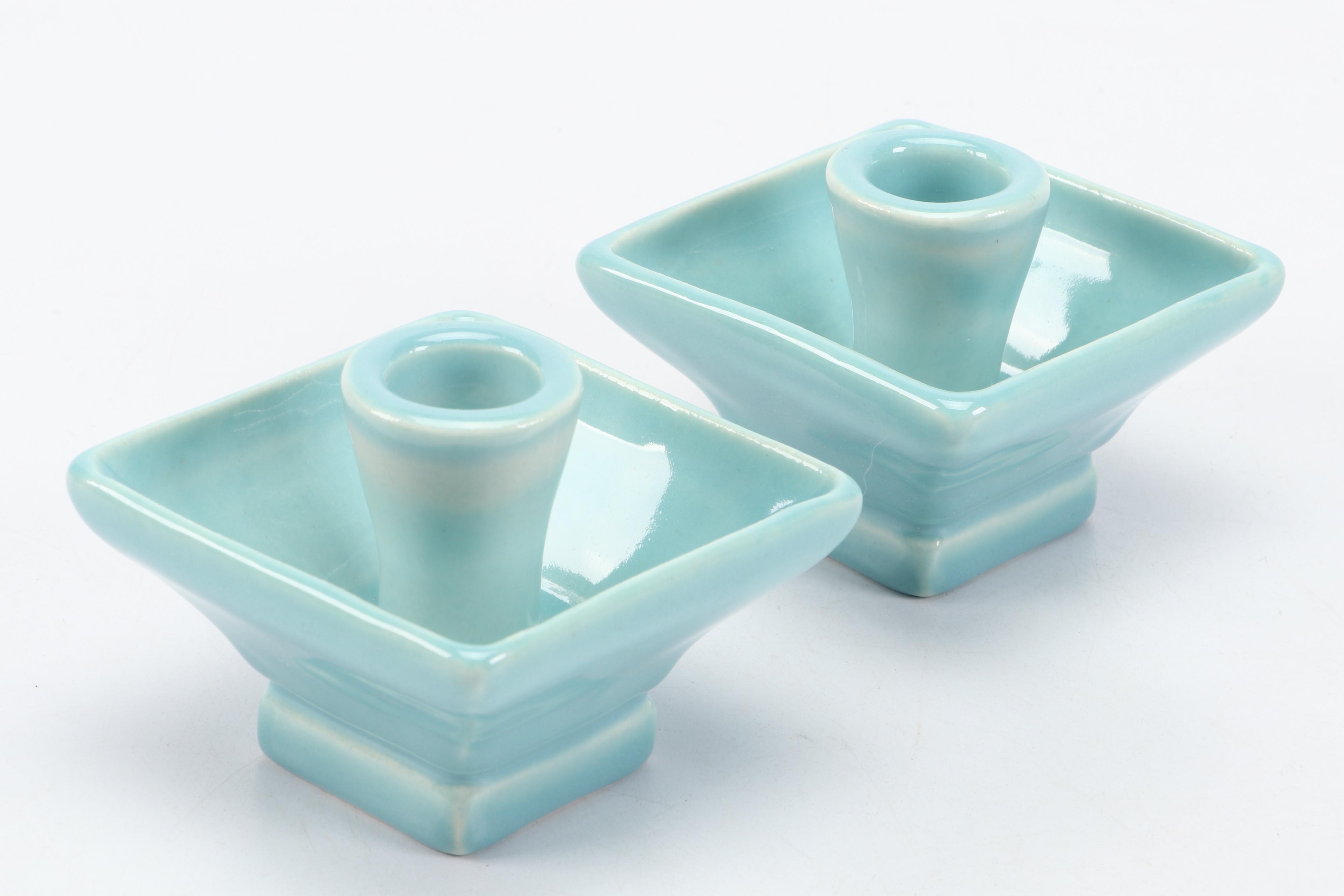 Rookwood Pottery Mid Century Modern Turquoise Glazed Candlesticks, 1947