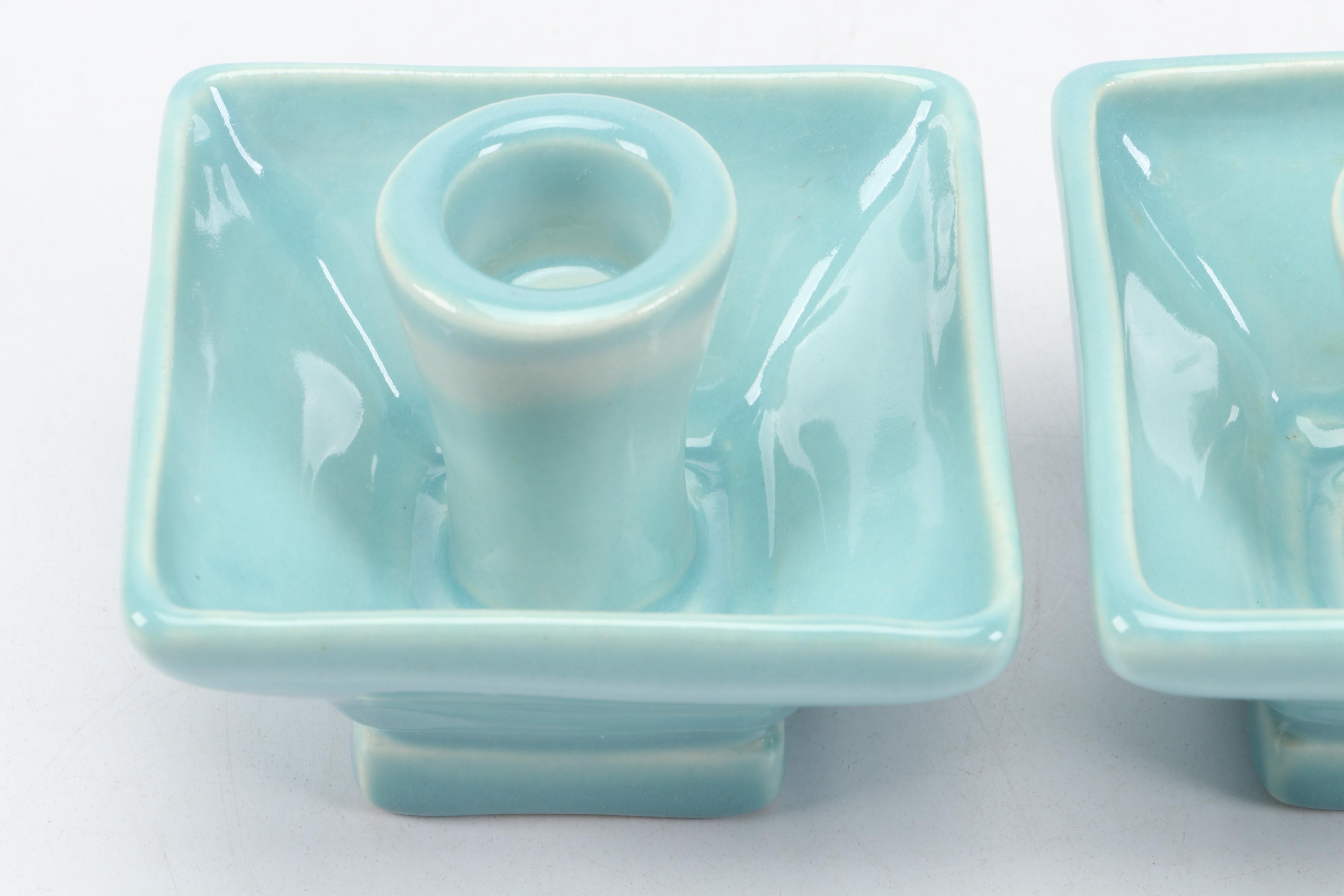 Rookwood Pottery Mid Century Modern Turquoise Glazed Candlesticks, 1947