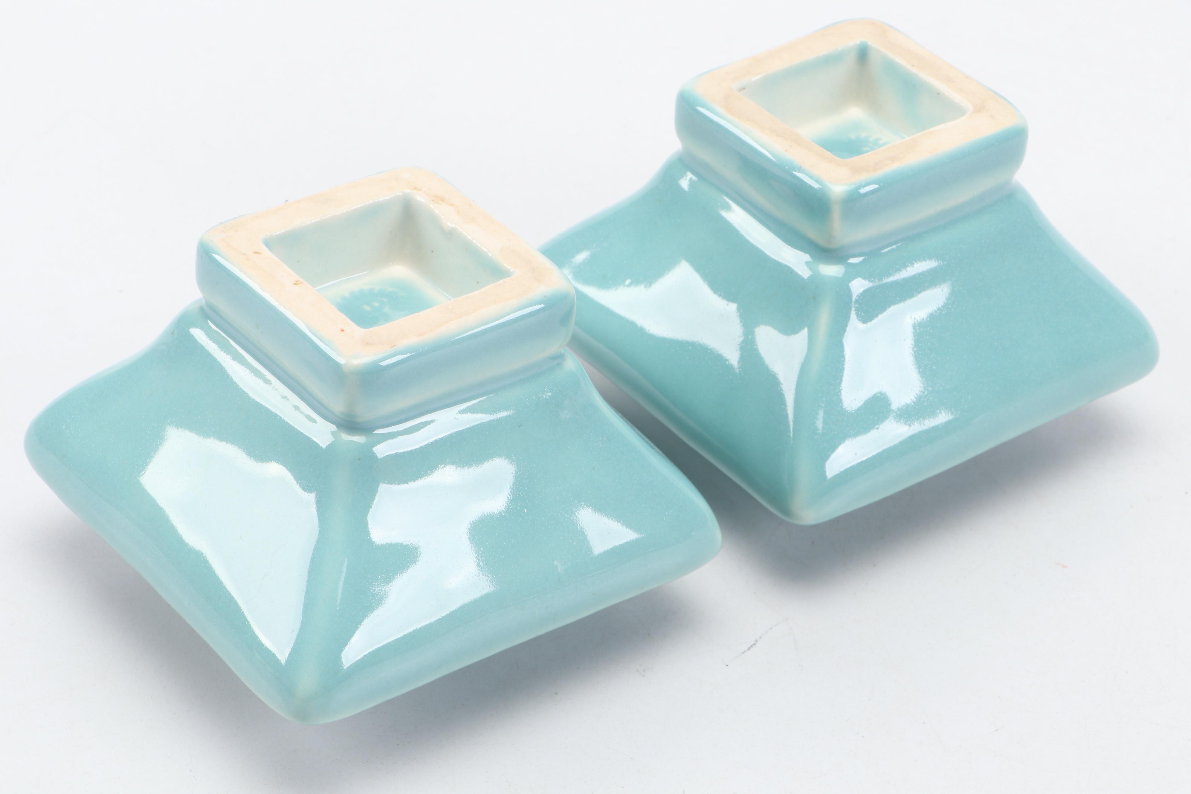 Rookwood Pottery Mid Century Modern Turquoise Glazed Candlesticks, 1947