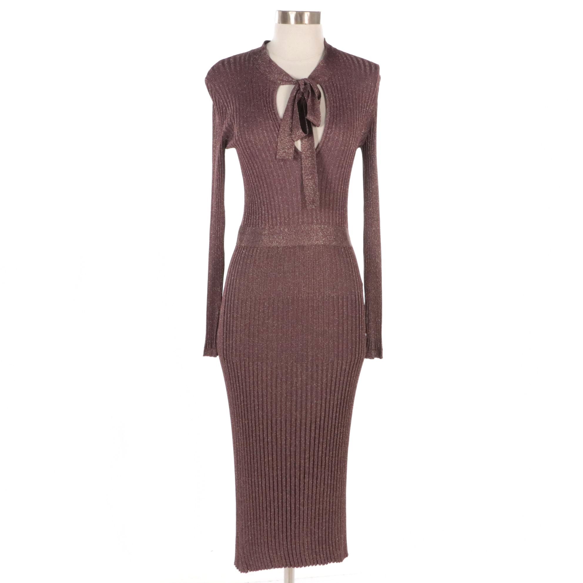 Prada Metallic Ribbed Knit Bodycon Midi Dress with Neck Tie Detail
