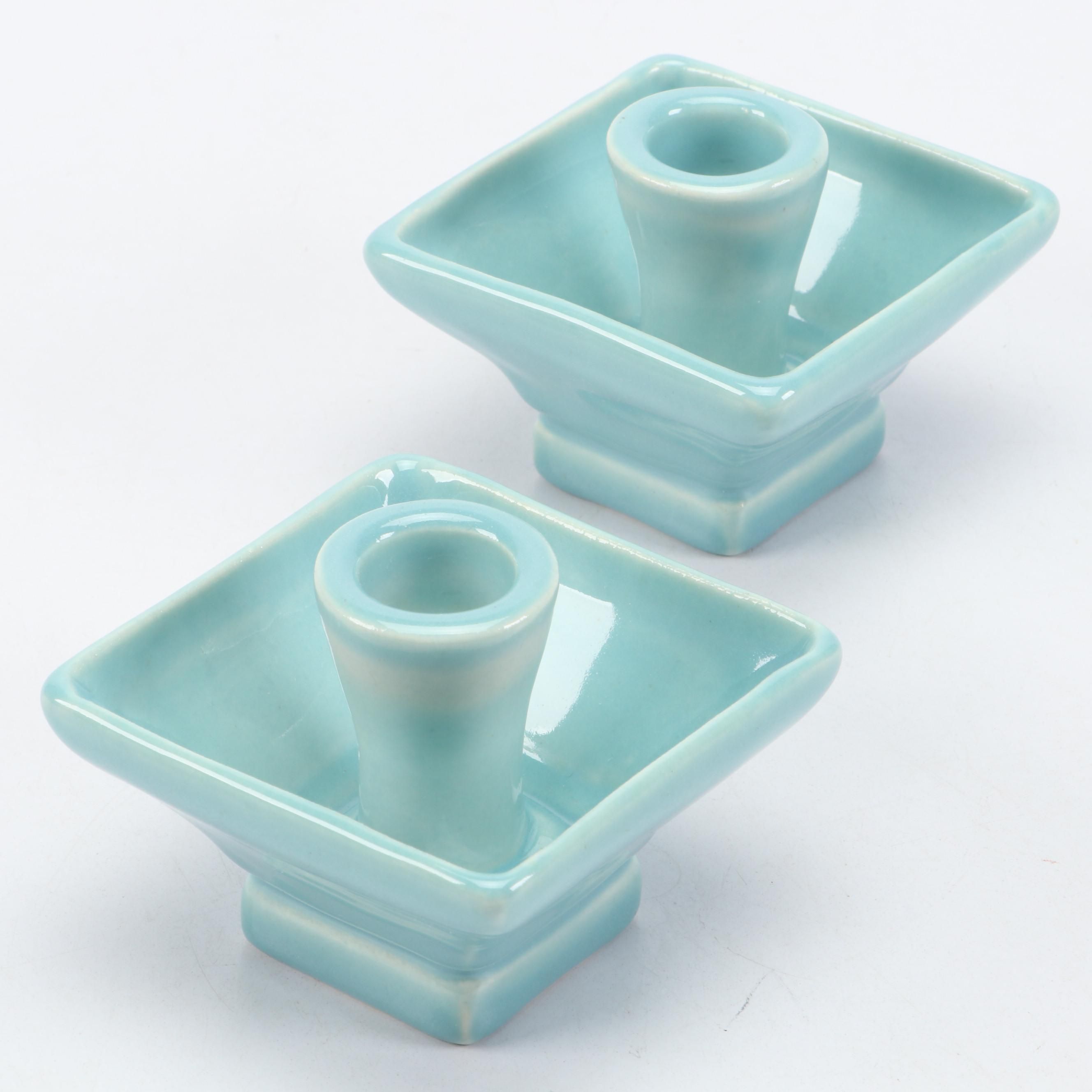 Rookwood Pottery Mid Century Modern Turquoise Glazed Candlesticks, 1947