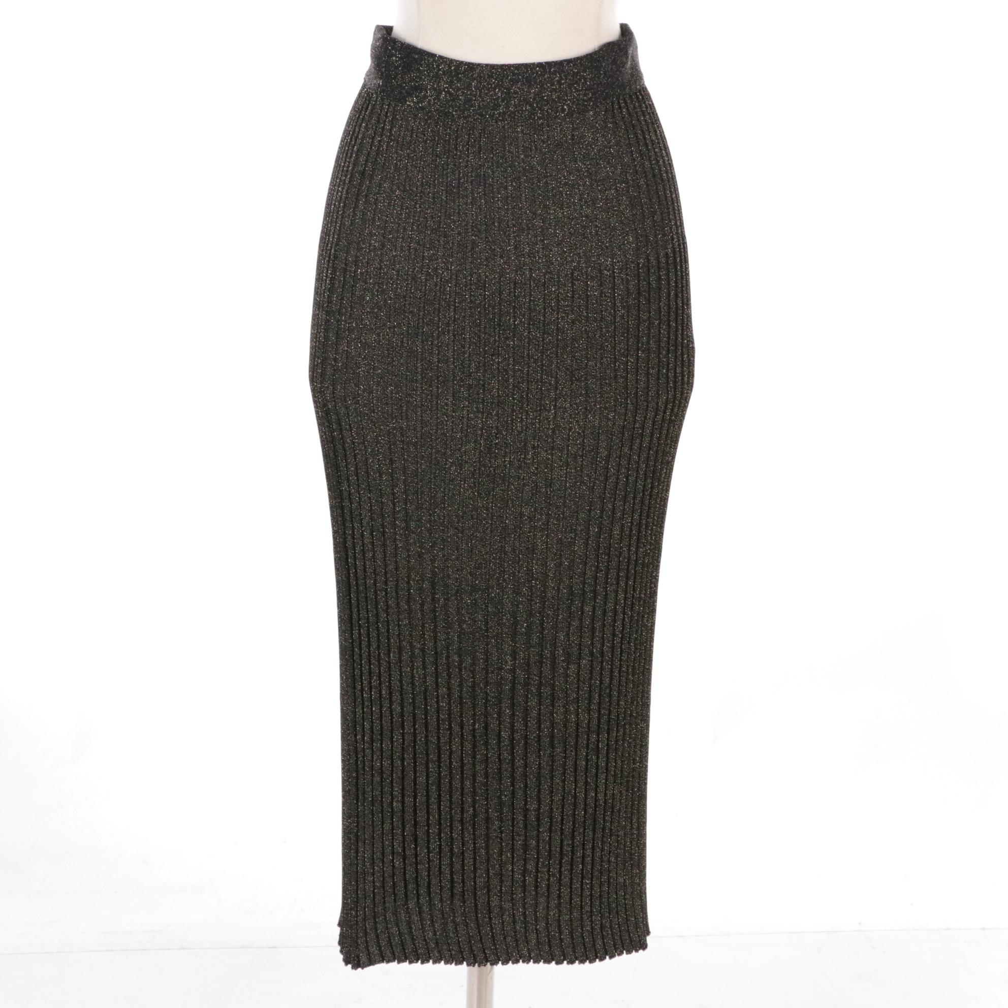 Prada Black and Gold Metallic Knit Blend Midi Skirt