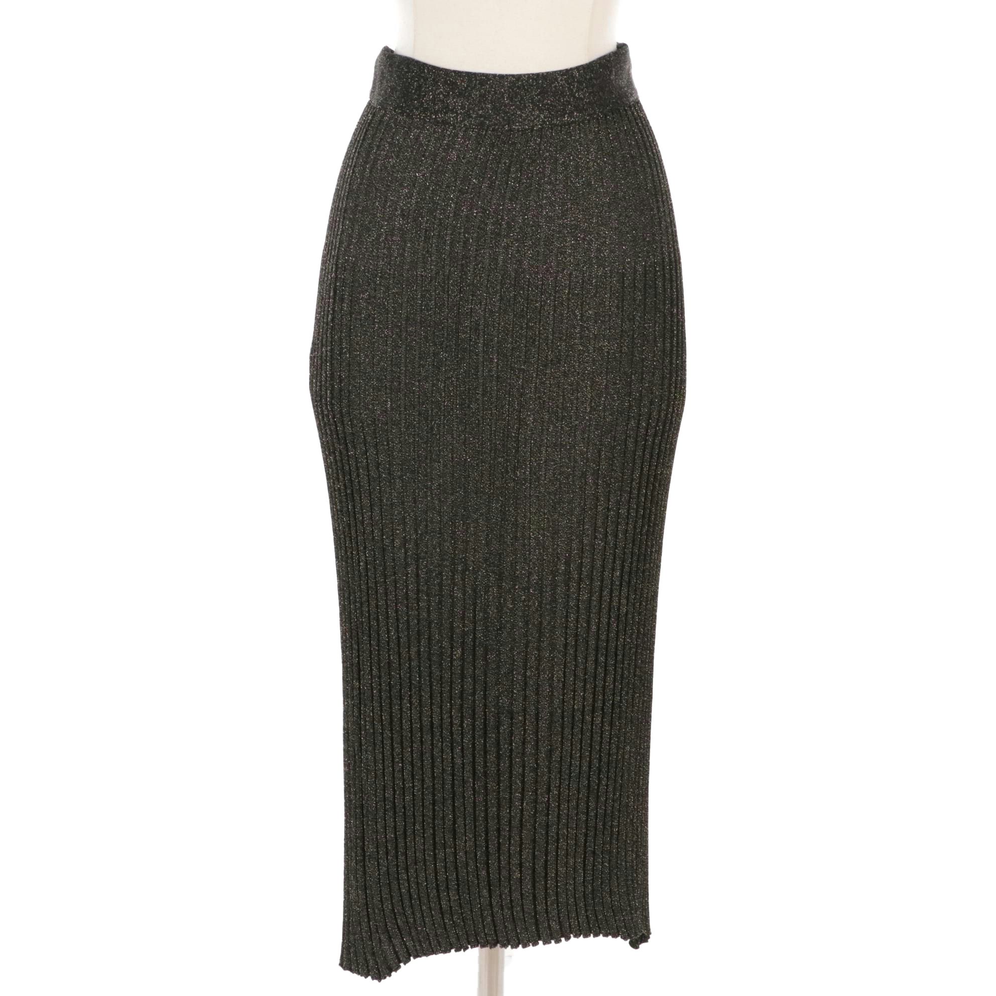 Prada Black and Gold Metallic Knit Blend Midi Skirt