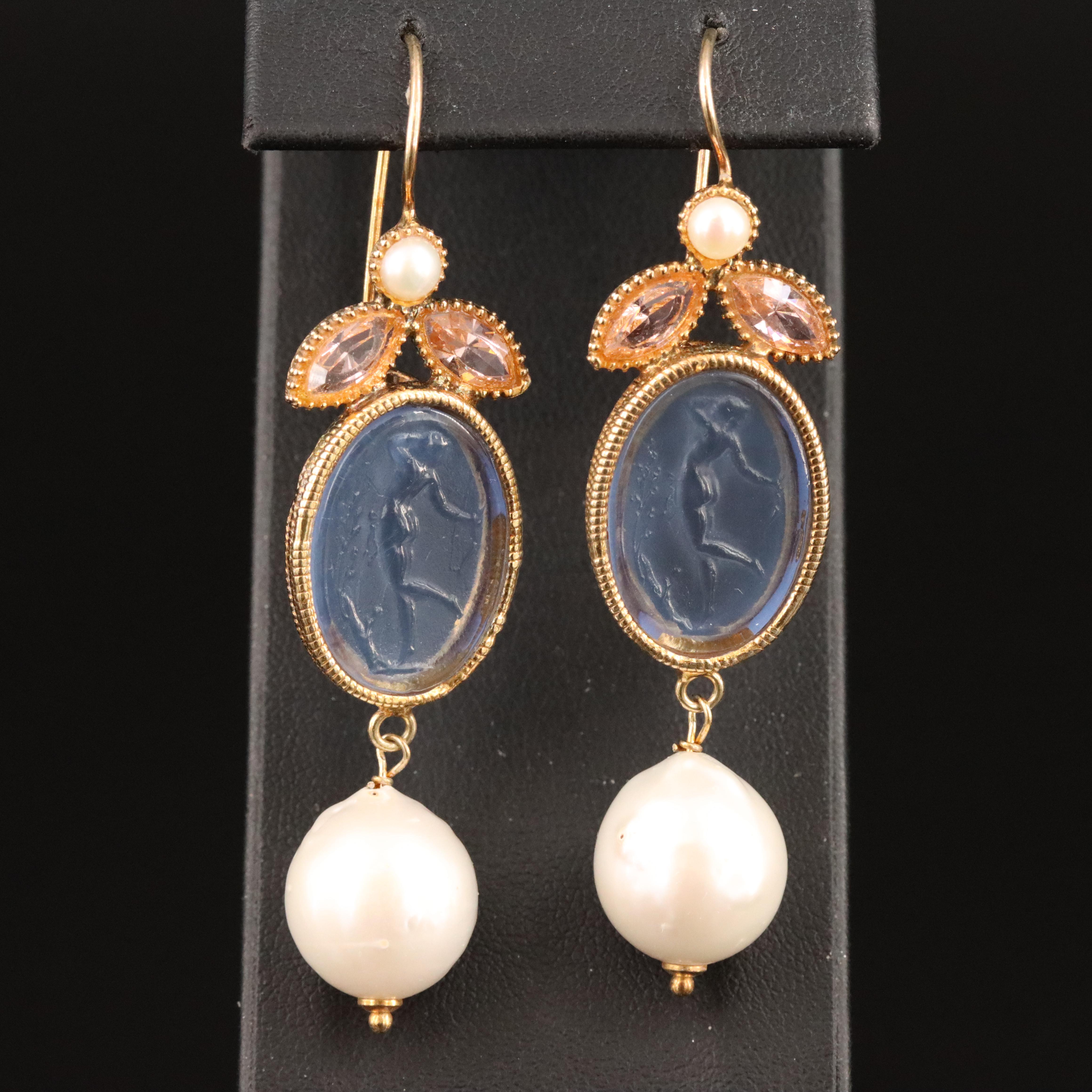 Italian Marcello Fontana Sterling Pearl and Glass Eros Cameo Earrings