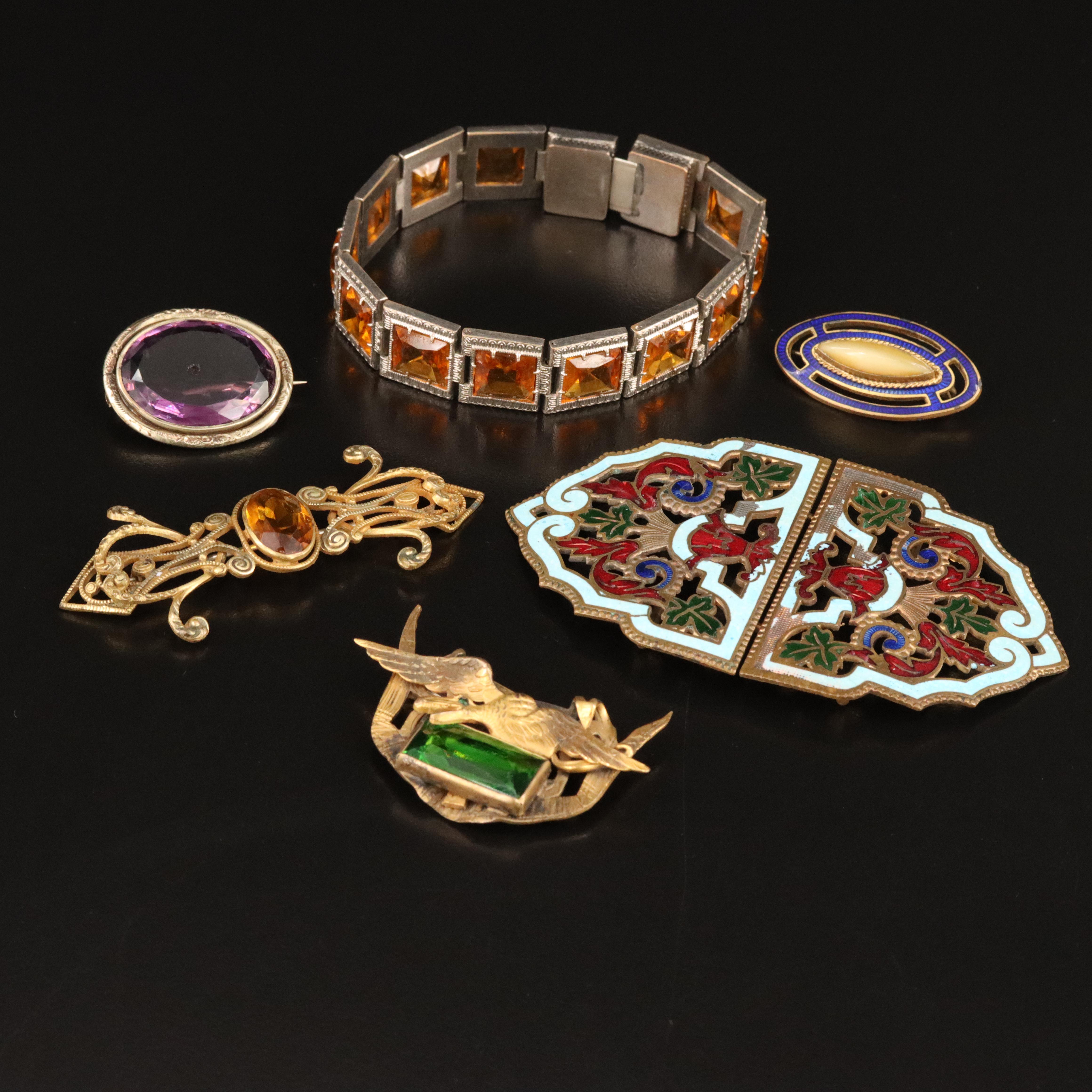Art Nouveau Jewelry Including Enamel Buckle, Chimera and Mother-of-Pearl