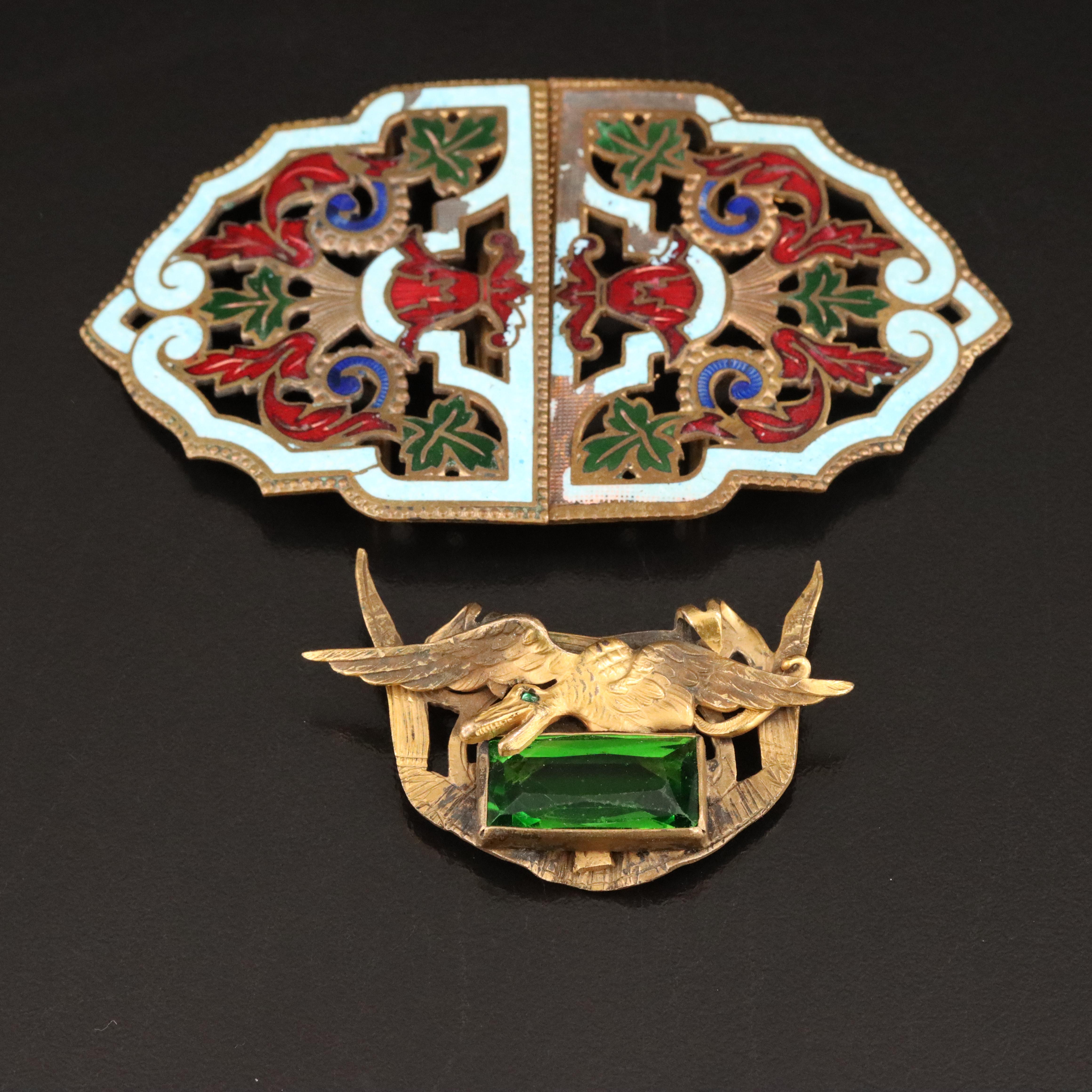 Art Nouveau Jewelry Including Enamel Buckle, Chimera and Mother-of-Pearl