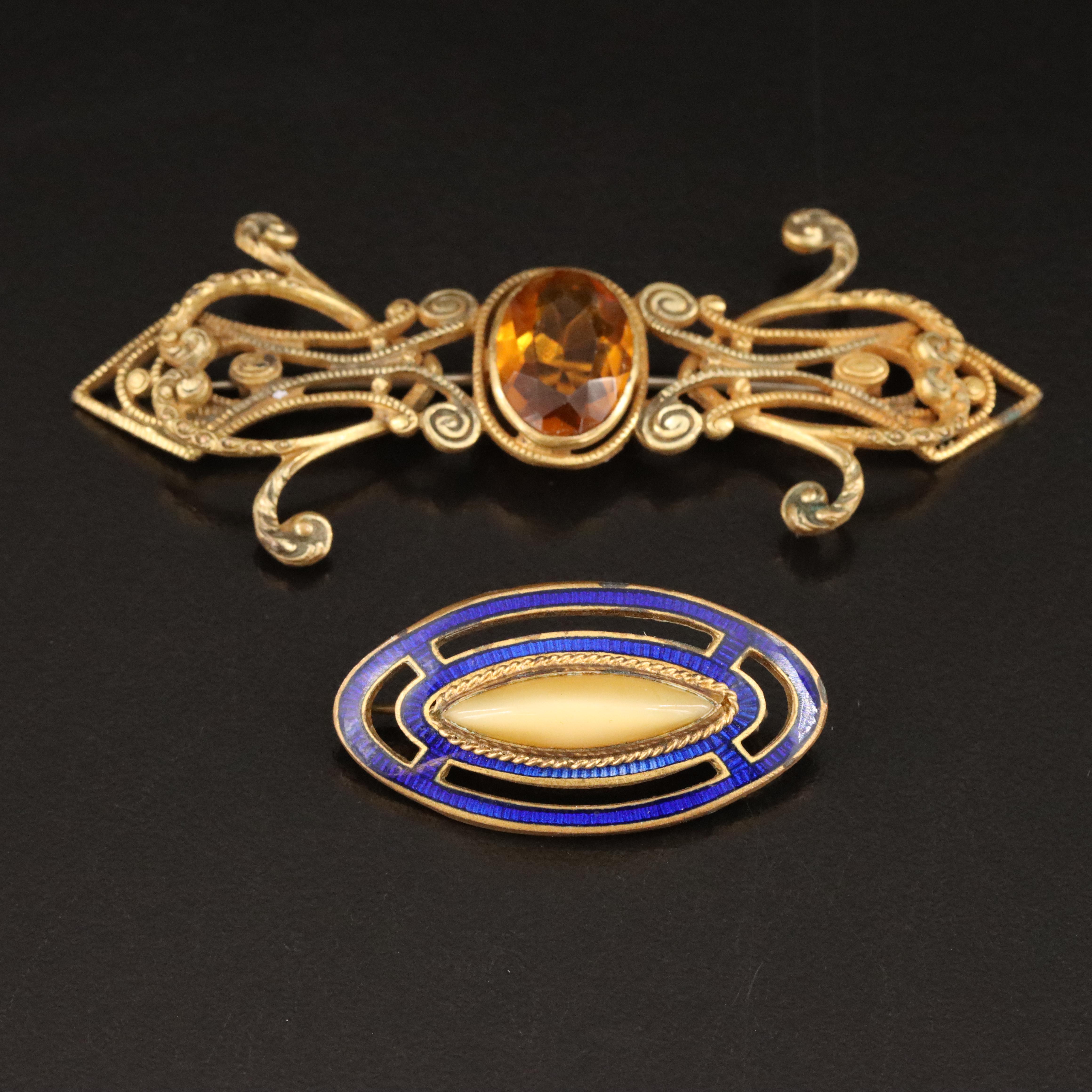 Art Nouveau Jewelry Including Enamel Buckle, Chimera and Mother-of-Pearl