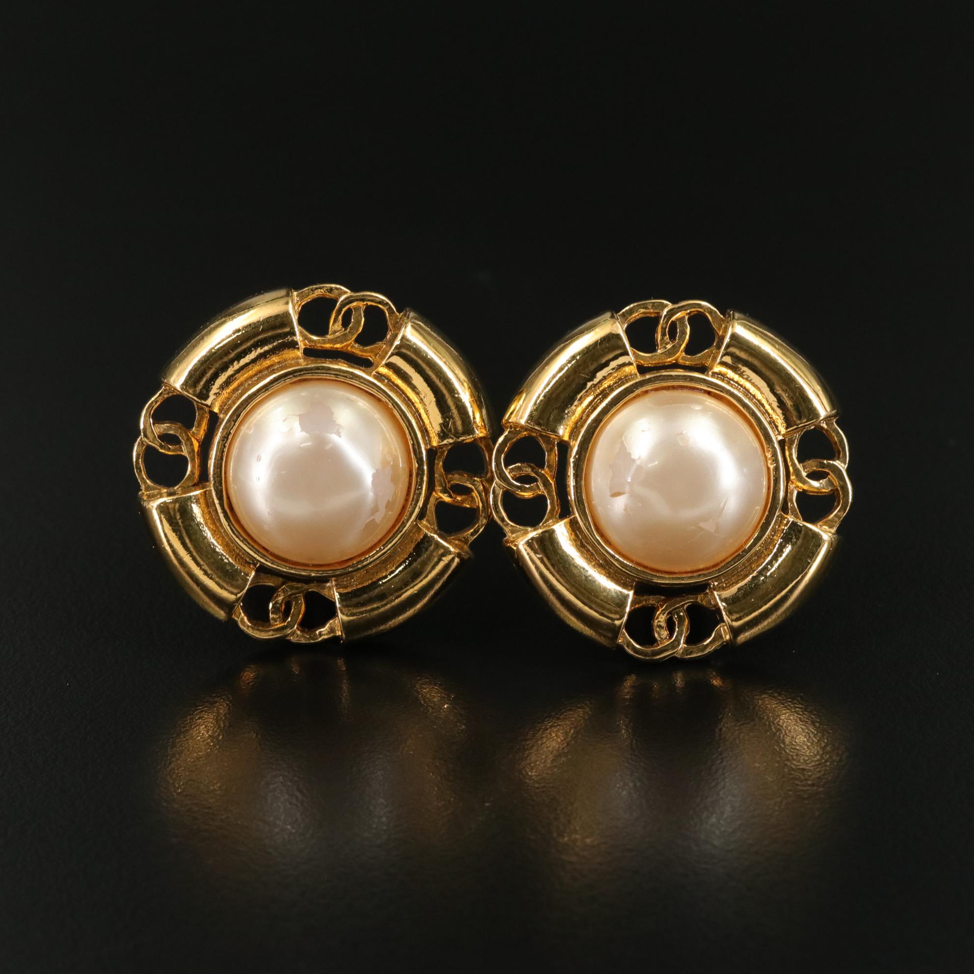 Chanel Faux Pearl Gold-Tone Drop Earrings