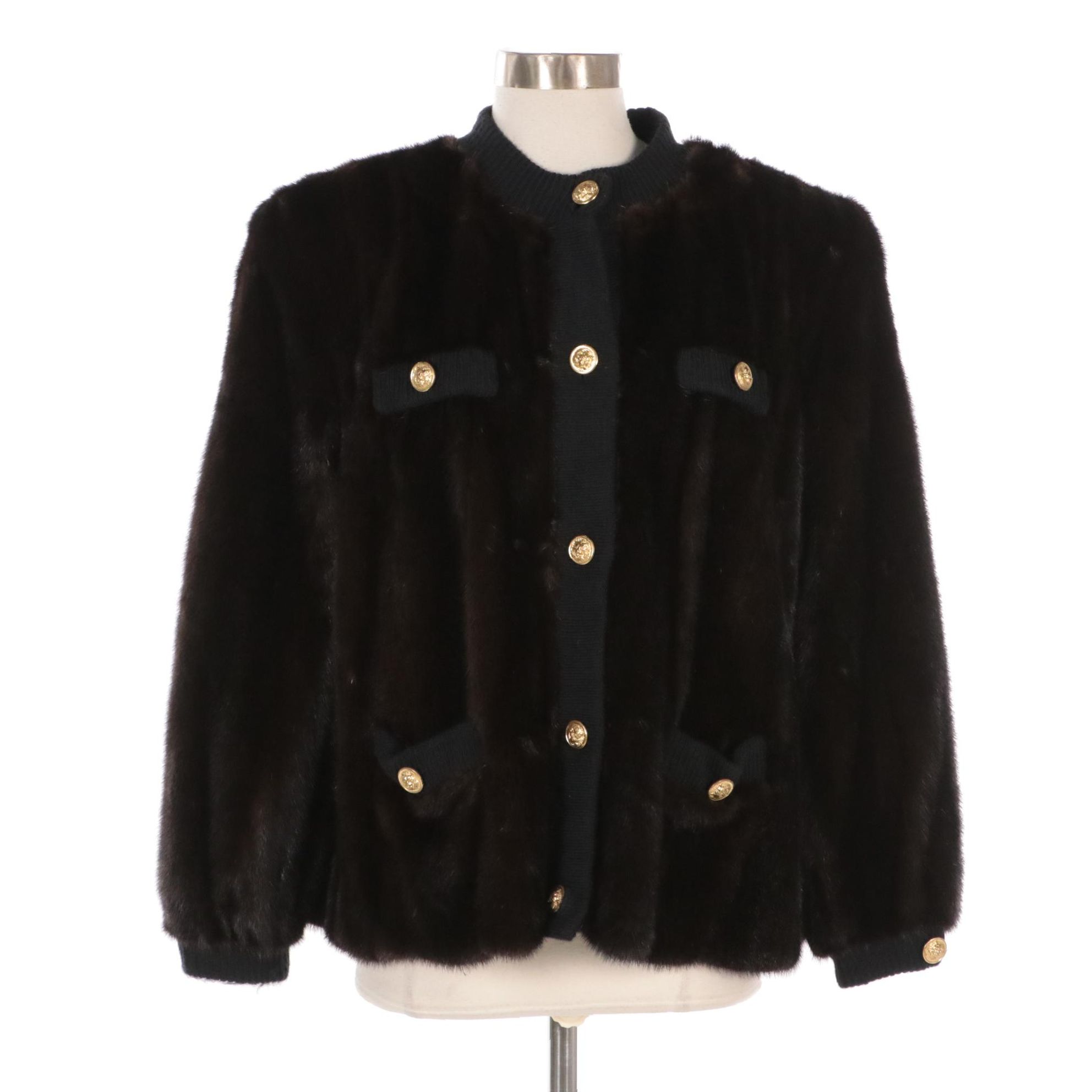 Revillon Mink Fur and Black Knit Button-Front Jacket