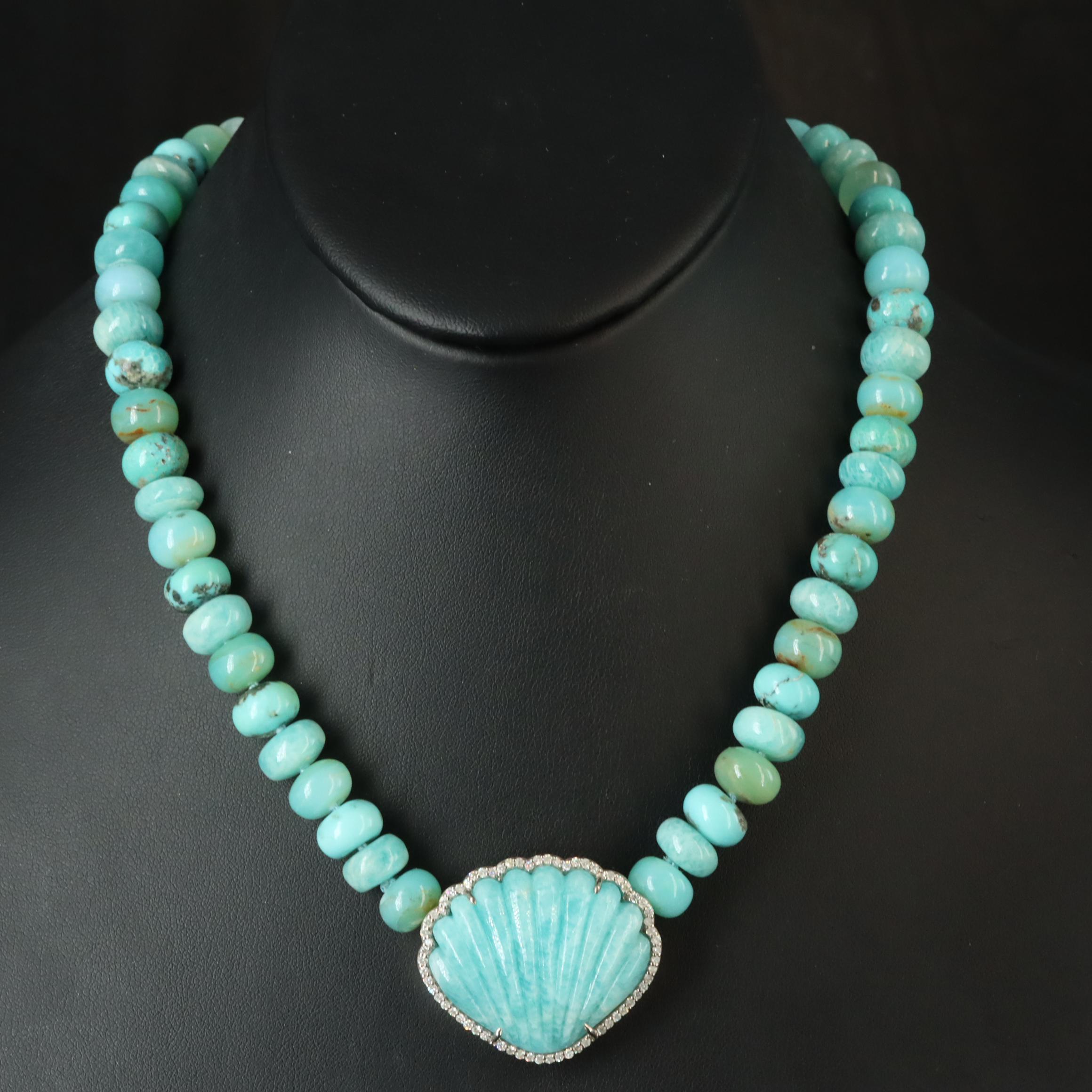 Sheryl Lowe Sterling Carved Amazonite, Turquoise and Diamond Seashell Necklace