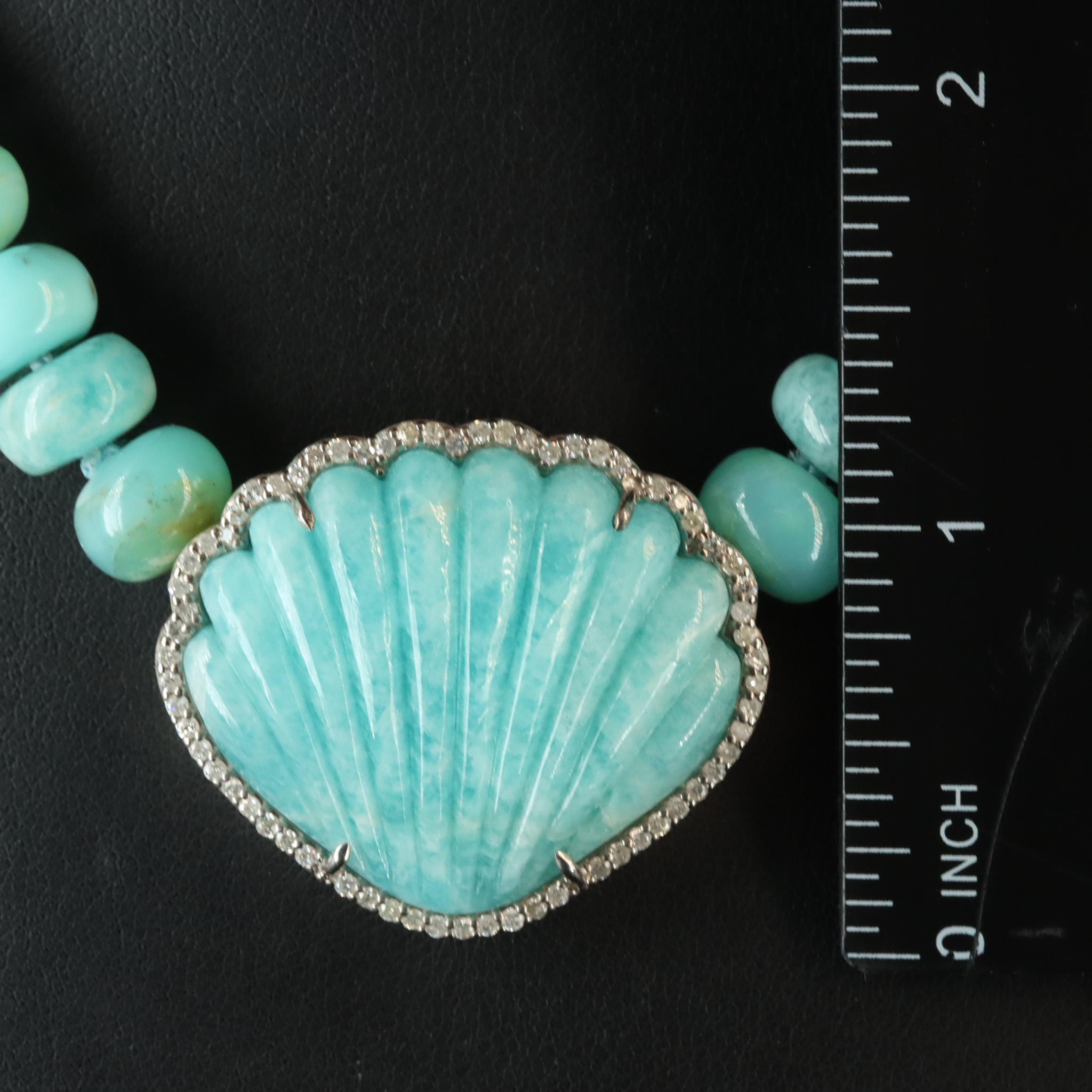 Sheryl Lowe Sterling Carved Amazonite, Turquoise and Diamond Seashell Necklace