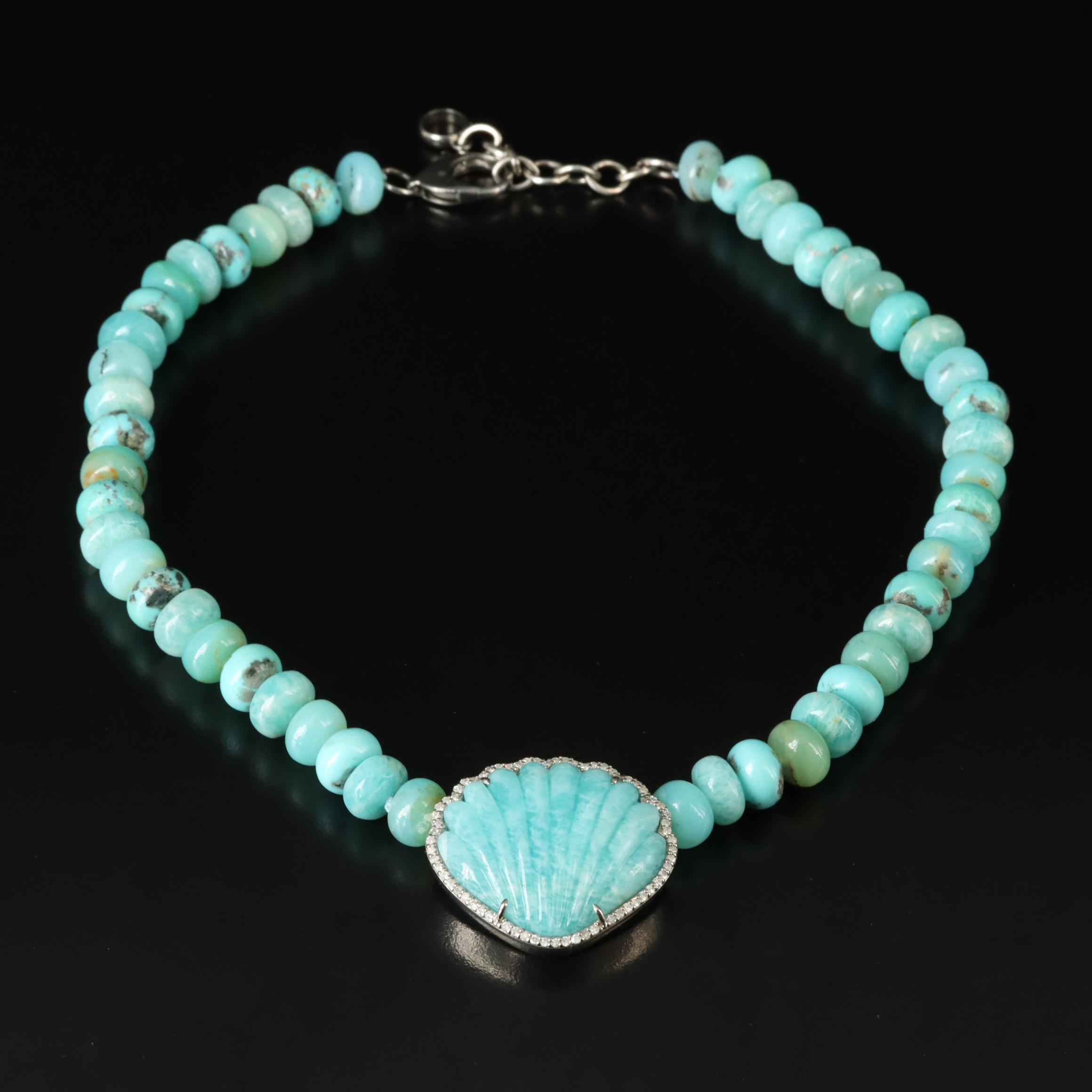 Sheryl Lowe Sterling Carved Amazonite, Turquoise and Diamond Seashell Necklace