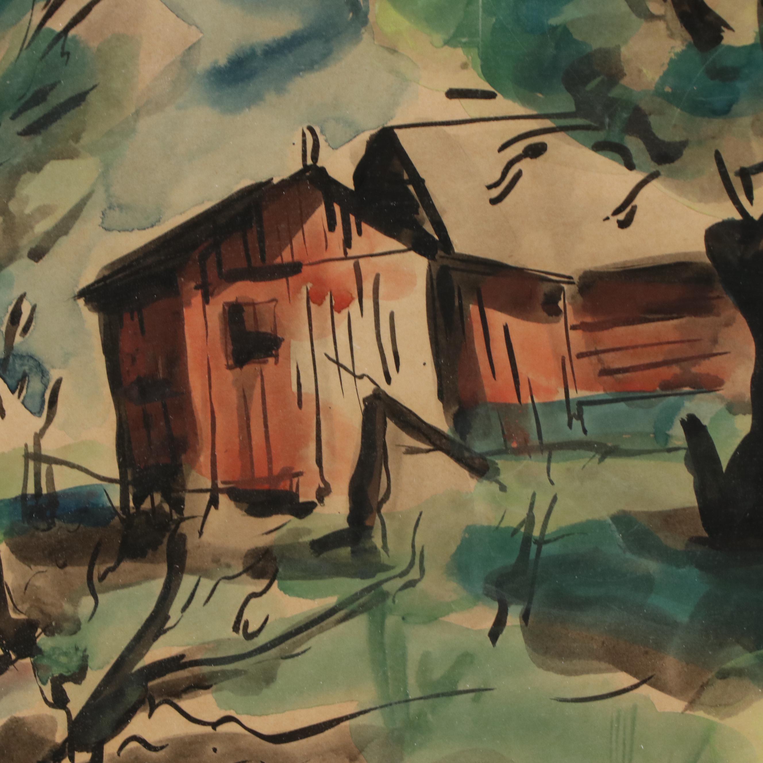 Rural Landscape Watercolor Painting, 20th Century