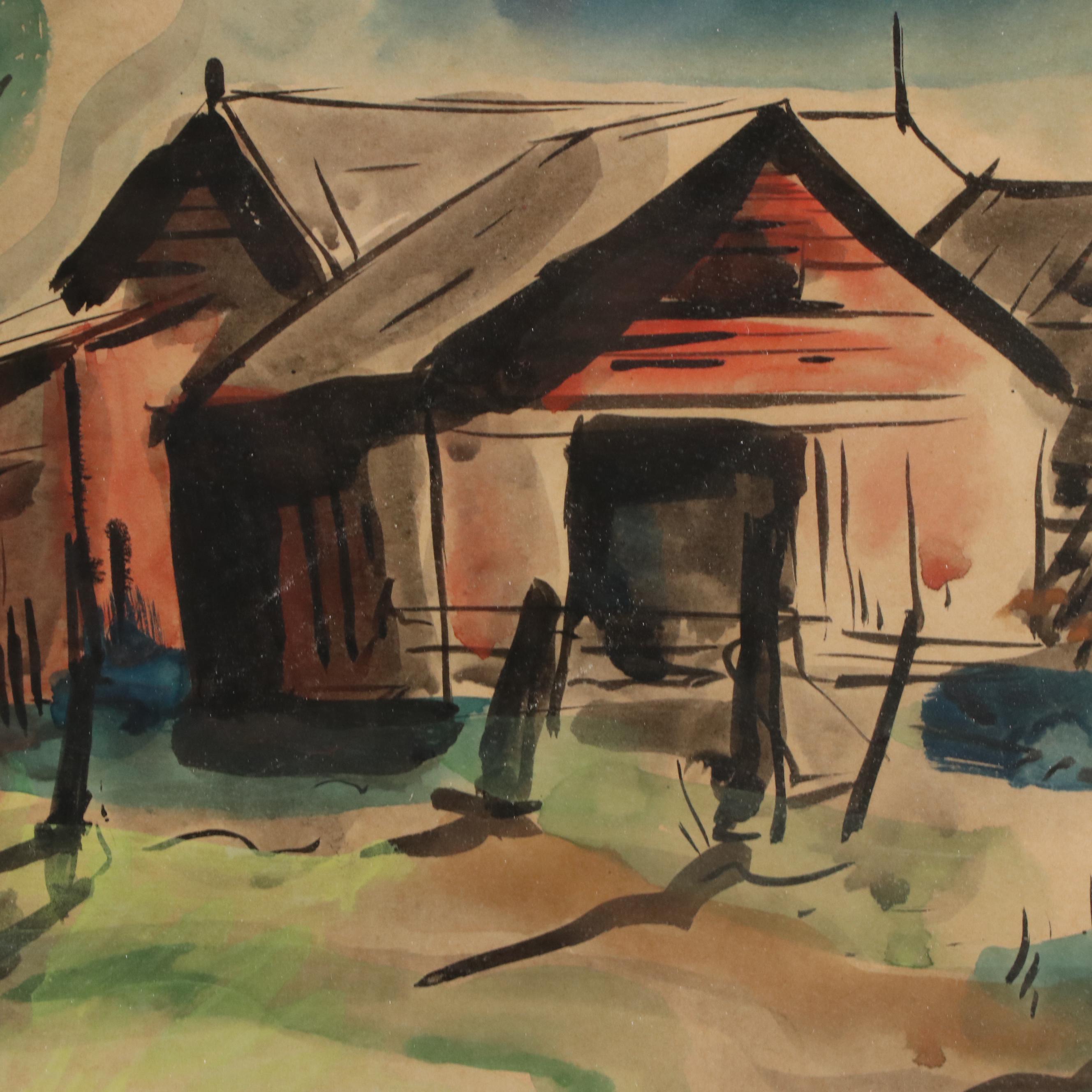 Rural Landscape Watercolor Painting, 20th Century