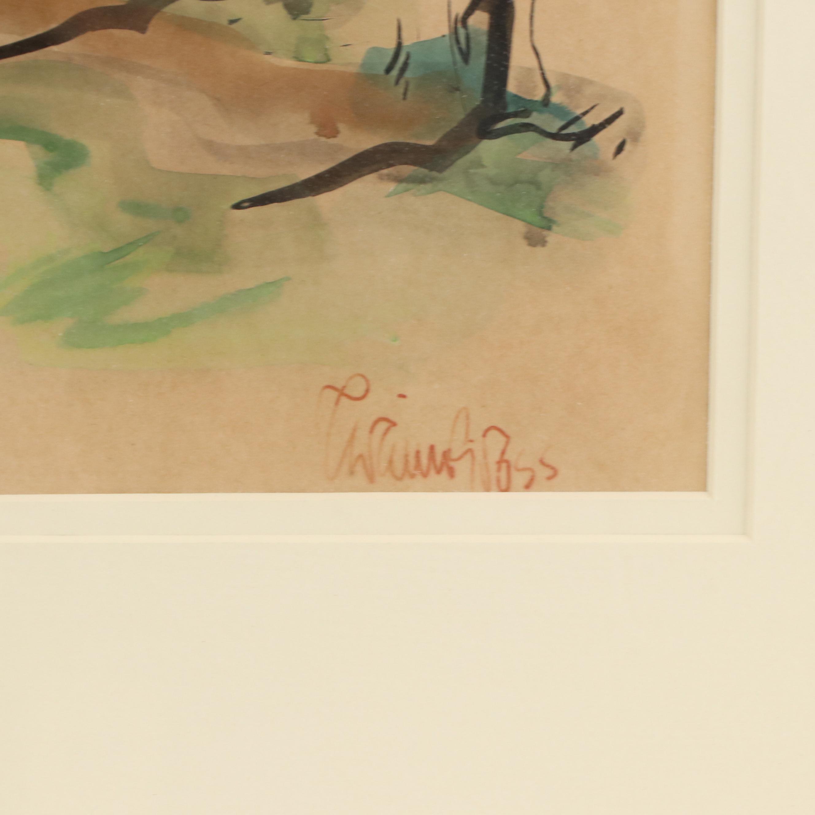 Rural Landscape Watercolor Painting, 20th Century