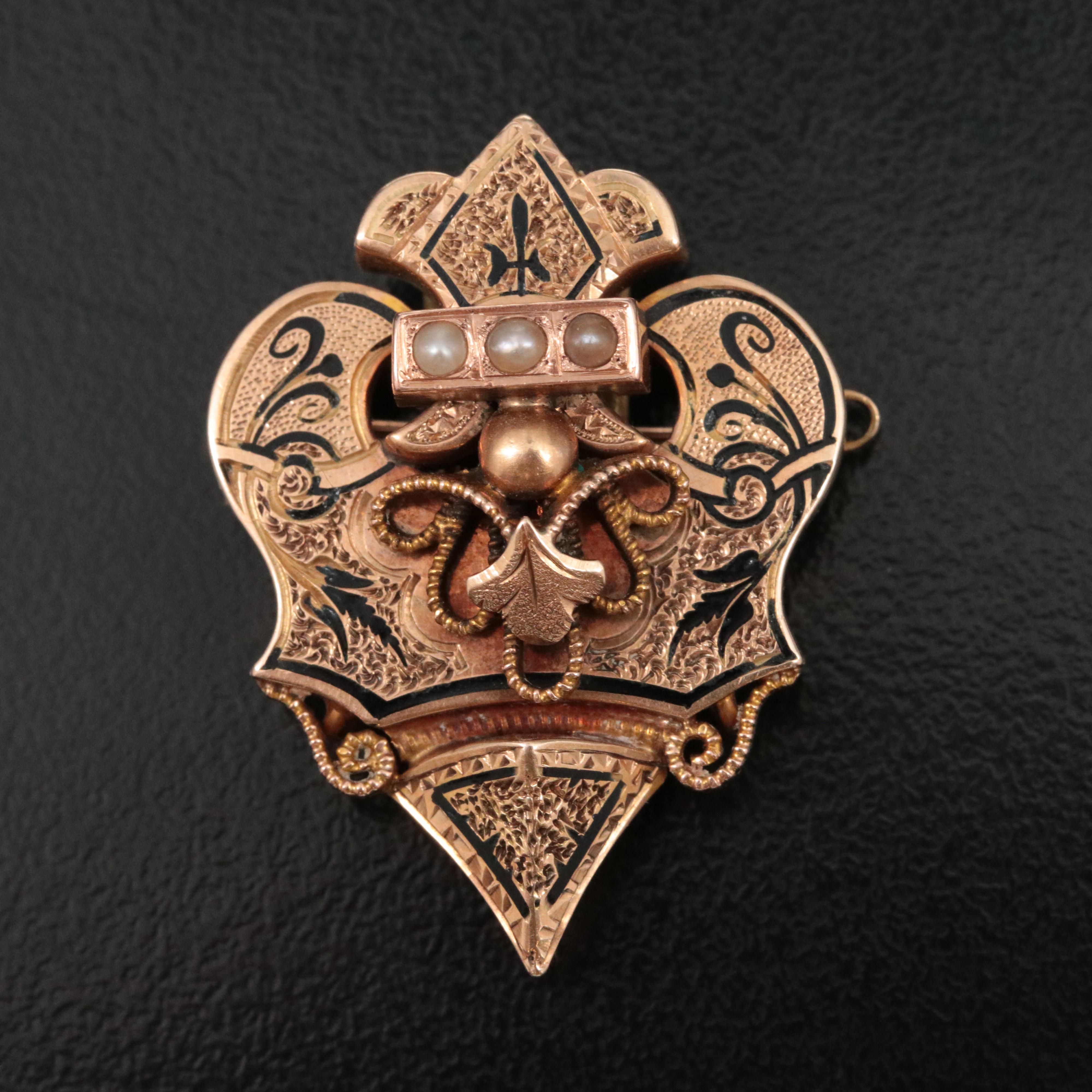 Victorian Pearl and Enamel Tracery Brooch