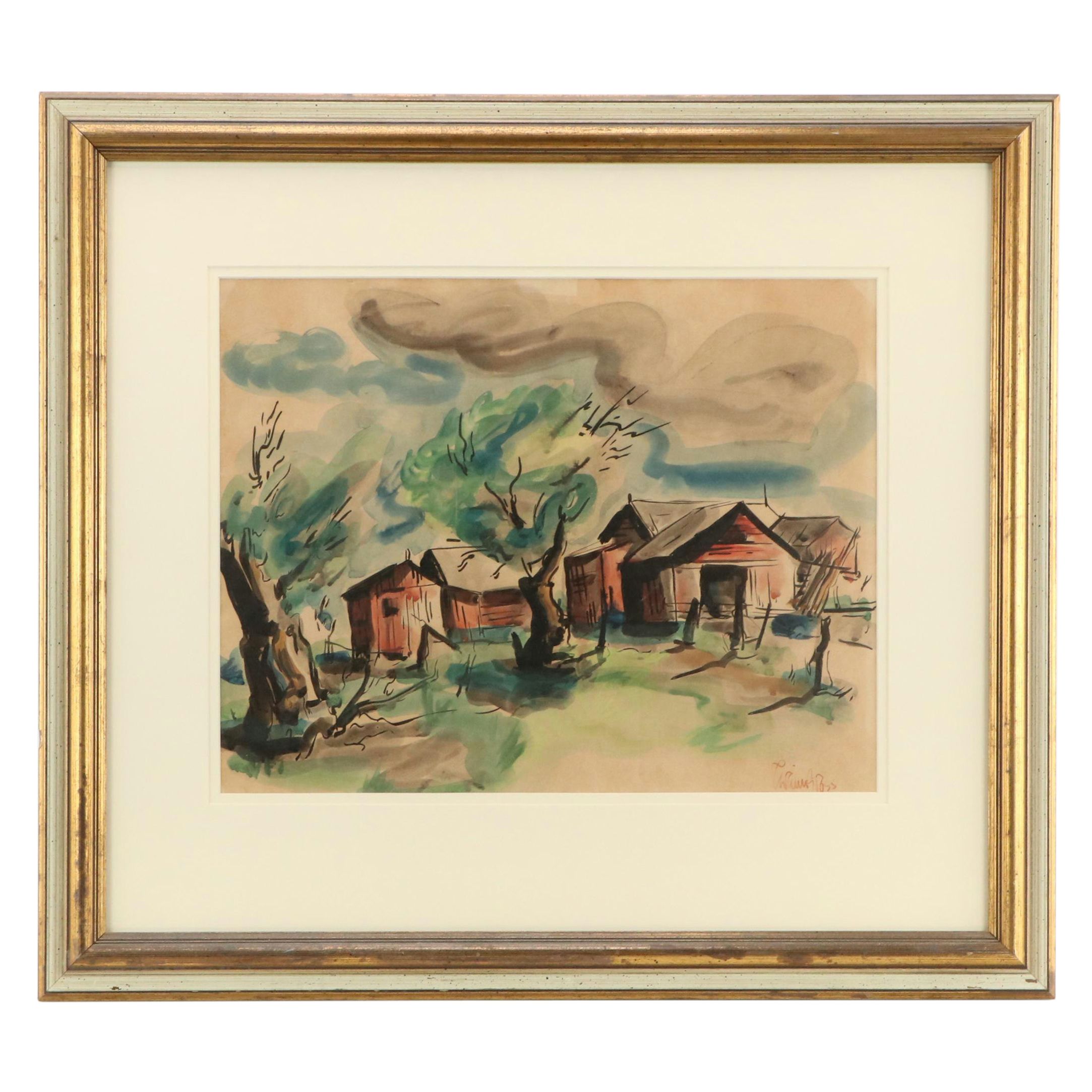 Rural Landscape Watercolor Painting, 20th Century