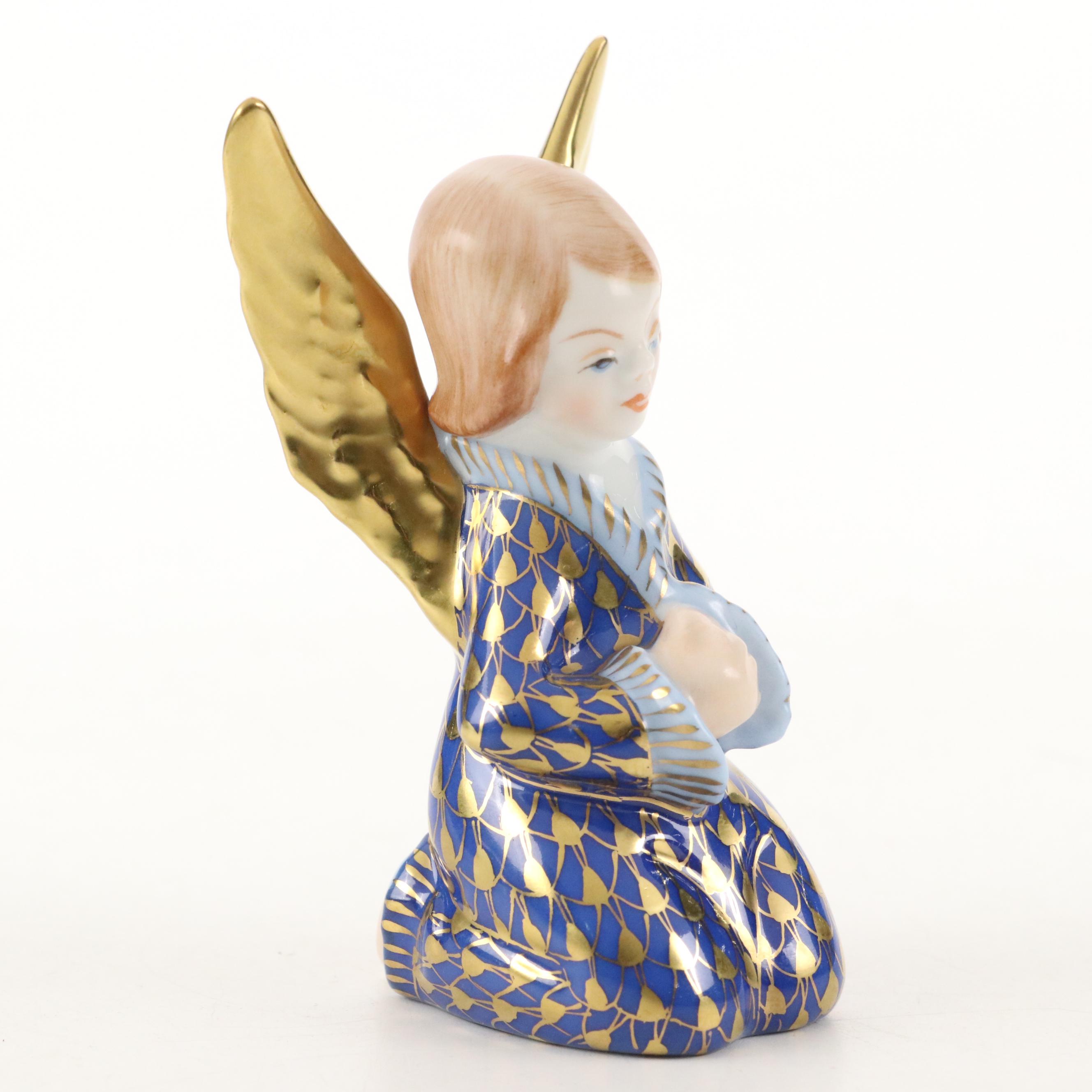Herend Cobalt and Gold Fishnet "Praying Angel" Porcelain Figurine