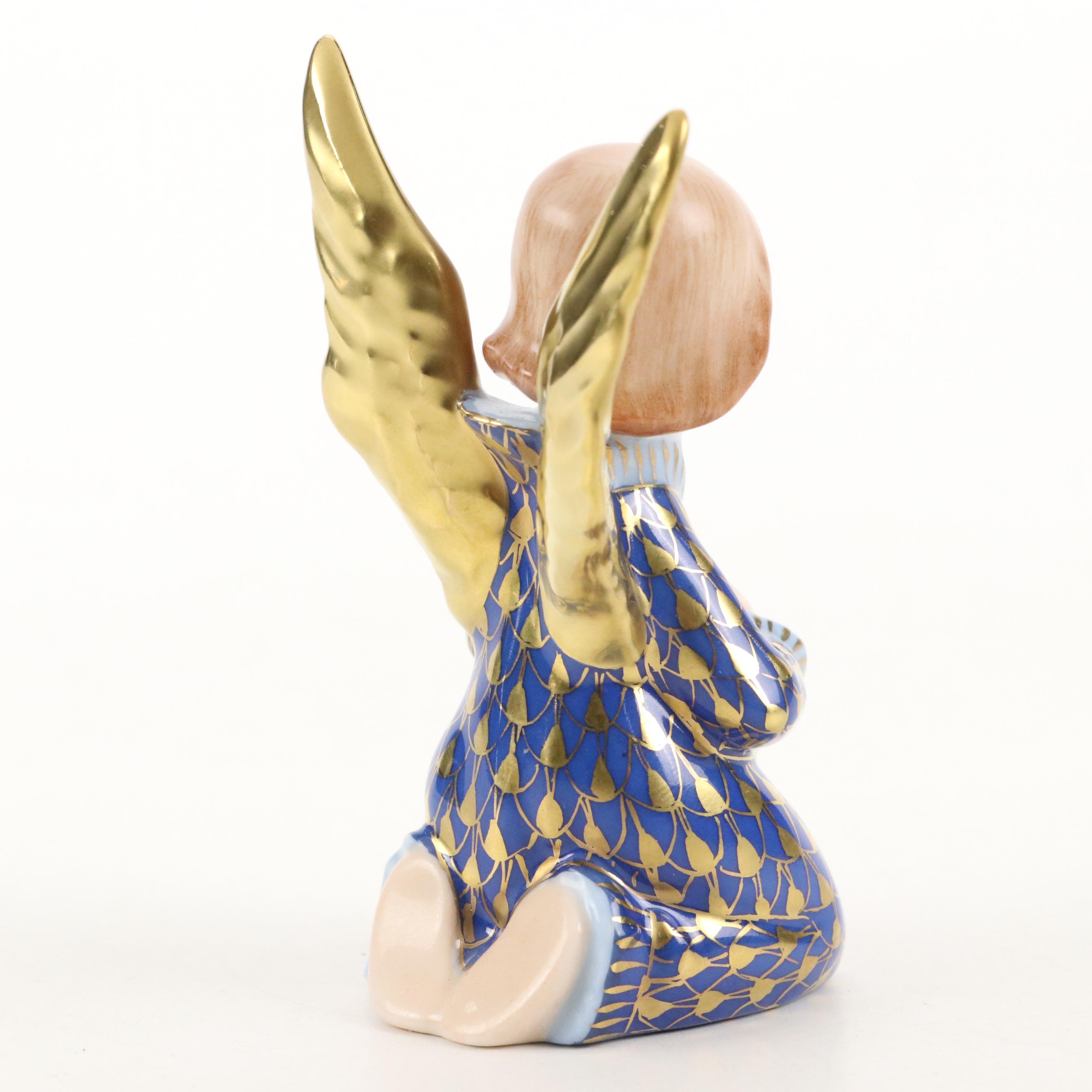 Herend Cobalt and Gold Fishnet "Praying Angel" Porcelain Figurine