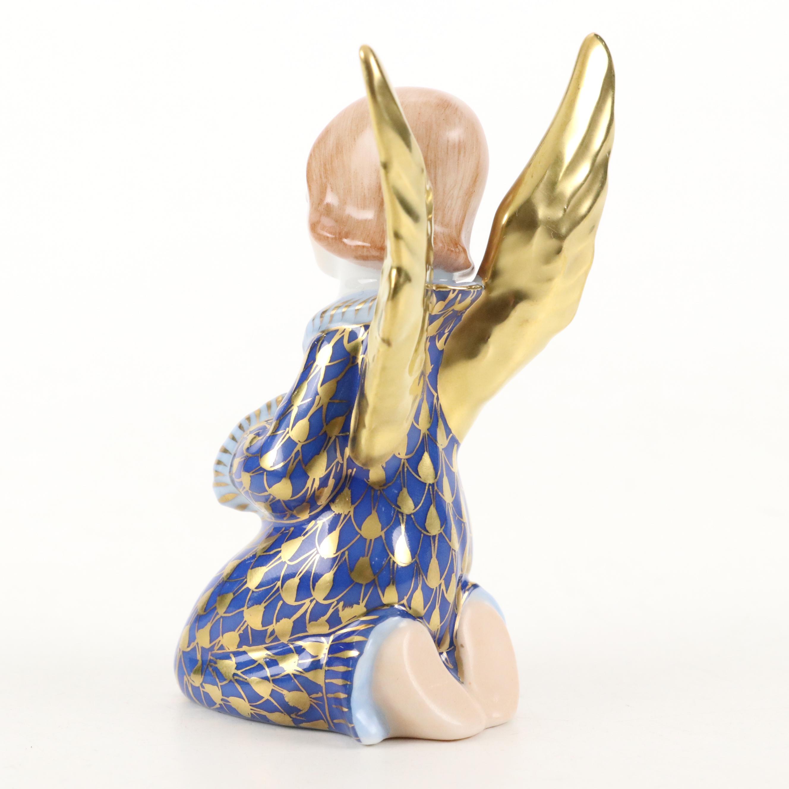 Herend Cobalt and Gold Fishnet "Praying Angel" Porcelain Figurine