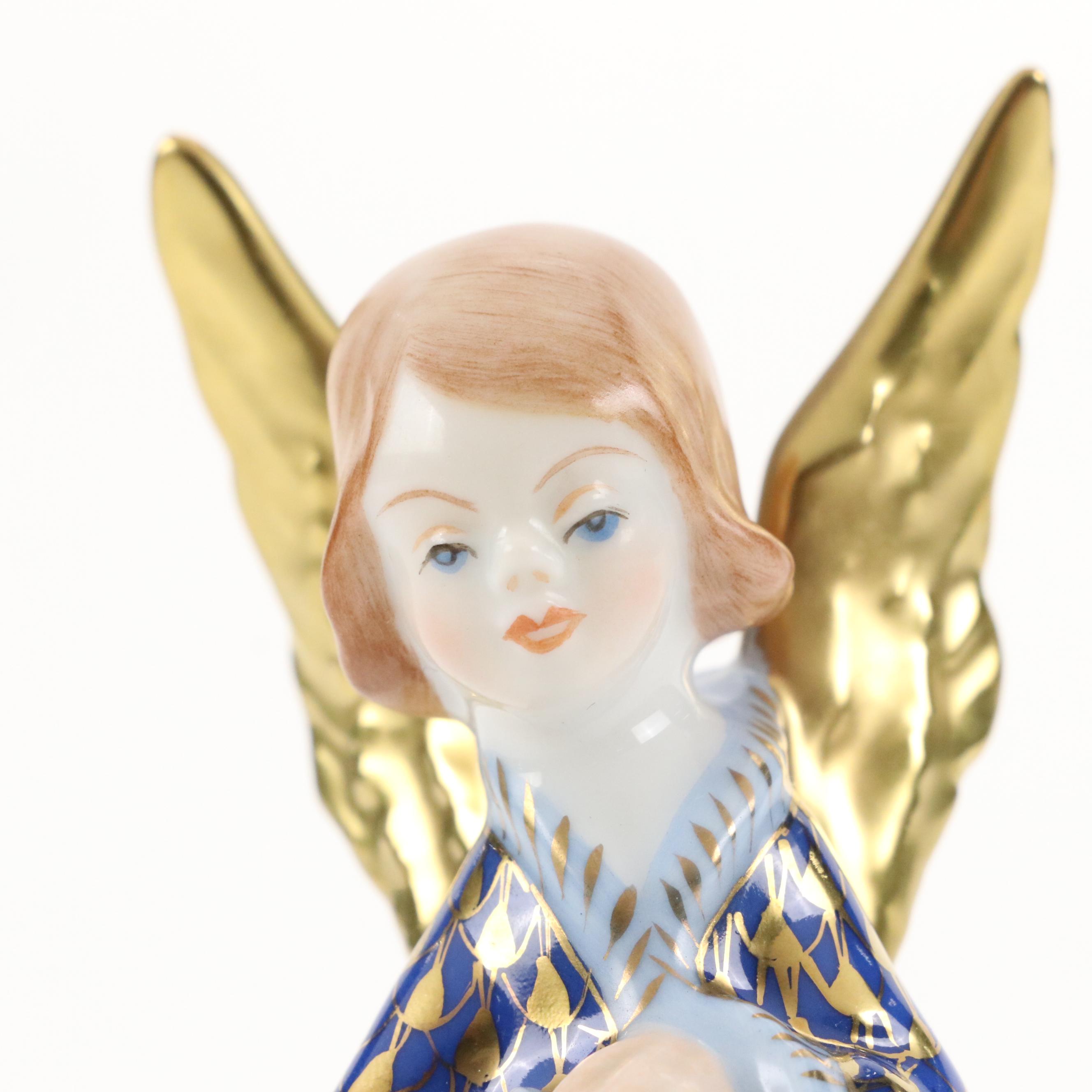 Herend Cobalt and Gold Fishnet "Praying Angel" Porcelain Figurine