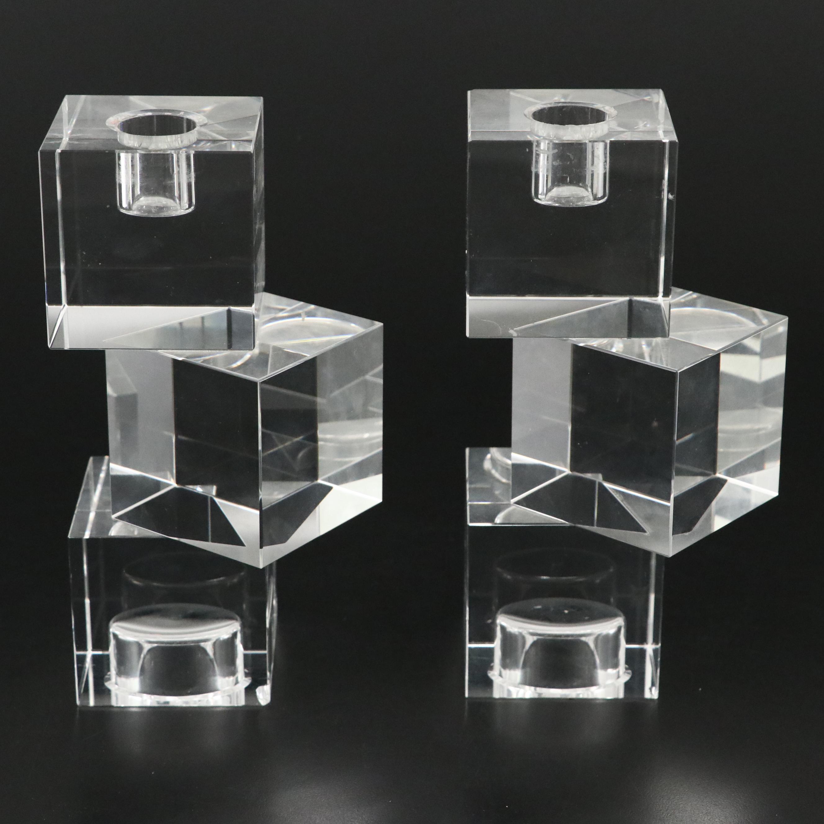Simon Pearce "Woodbury" Glass Clock and Other Crystal Cube Votive Candlesticks