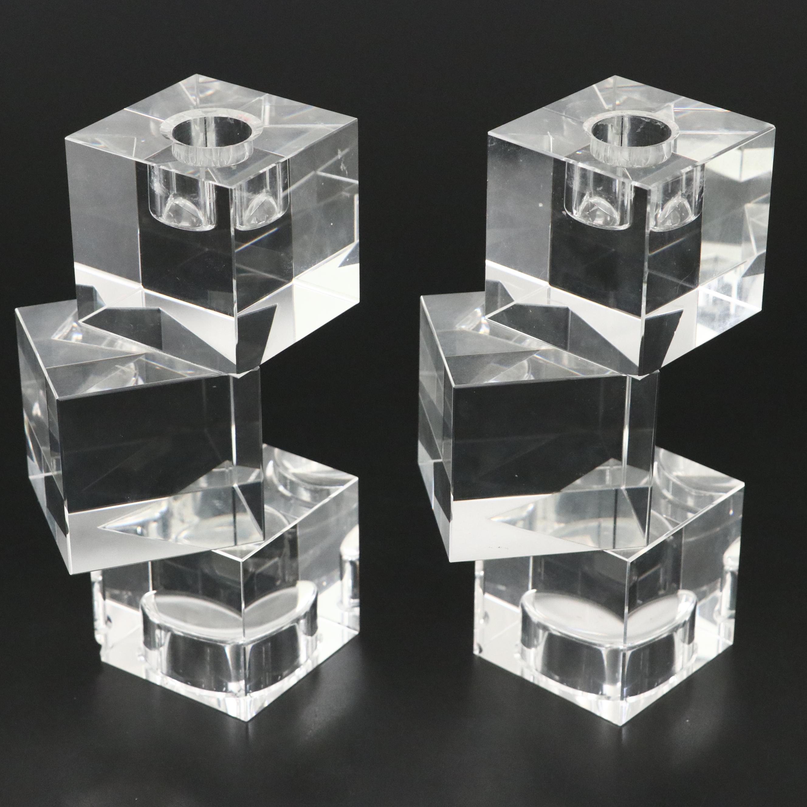 Simon Pearce "Woodbury" Glass Clock and Other Crystal Cube Votive Candlesticks