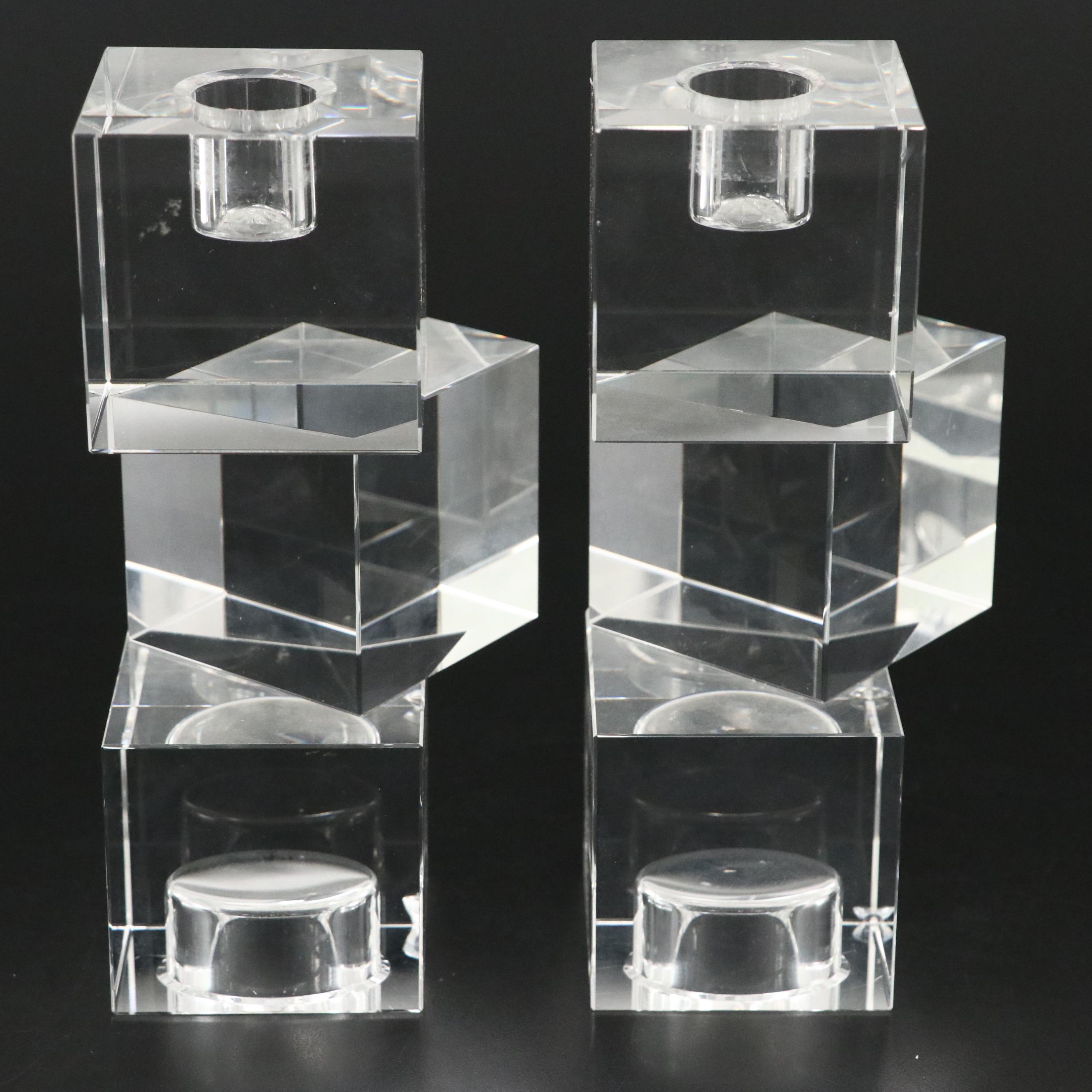 Simon Pearce "Woodbury" Glass Clock and Other Crystal Cube Votive Candlesticks