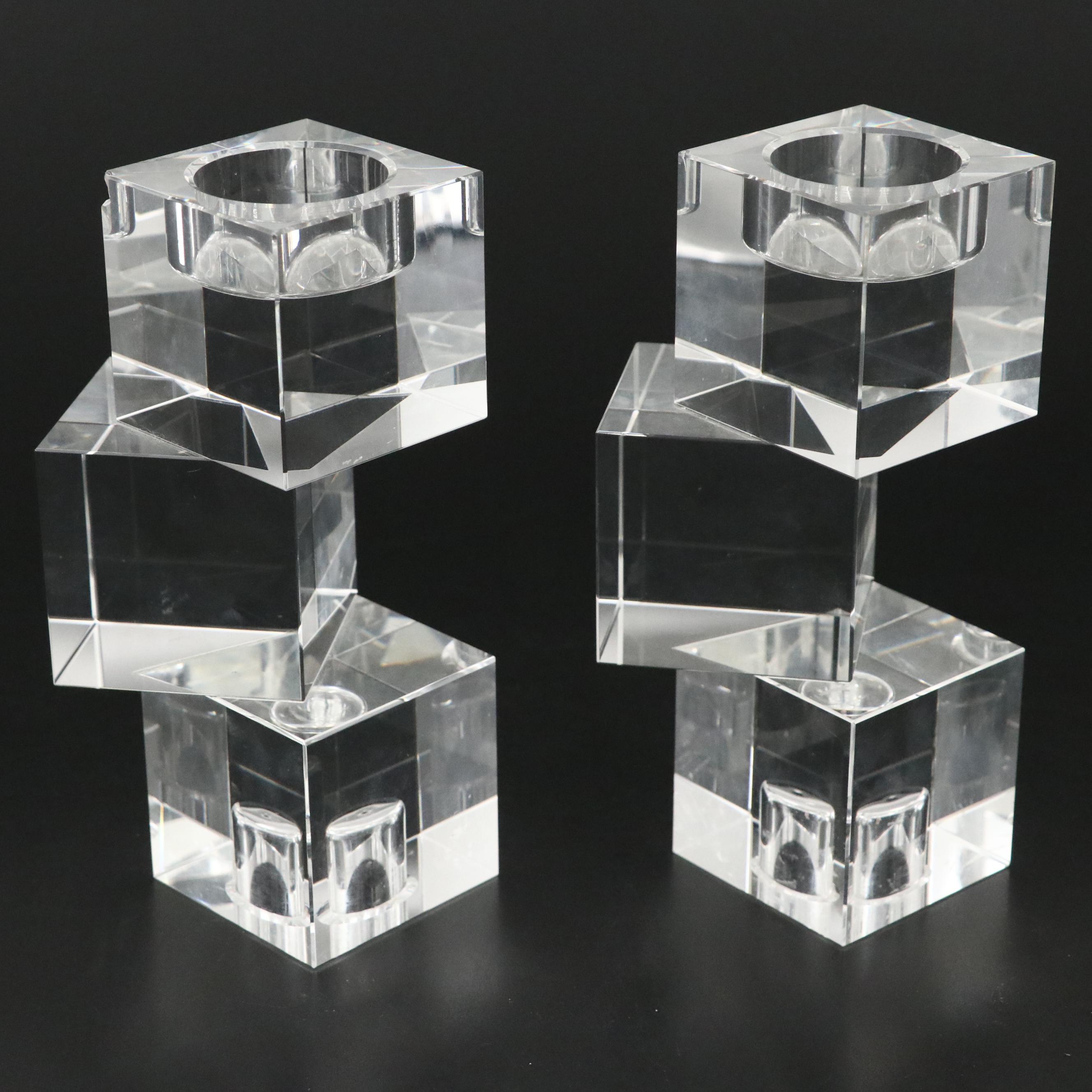 Simon Pearce "Woodbury" Glass Clock and Other Crystal Cube Votive Candlesticks
