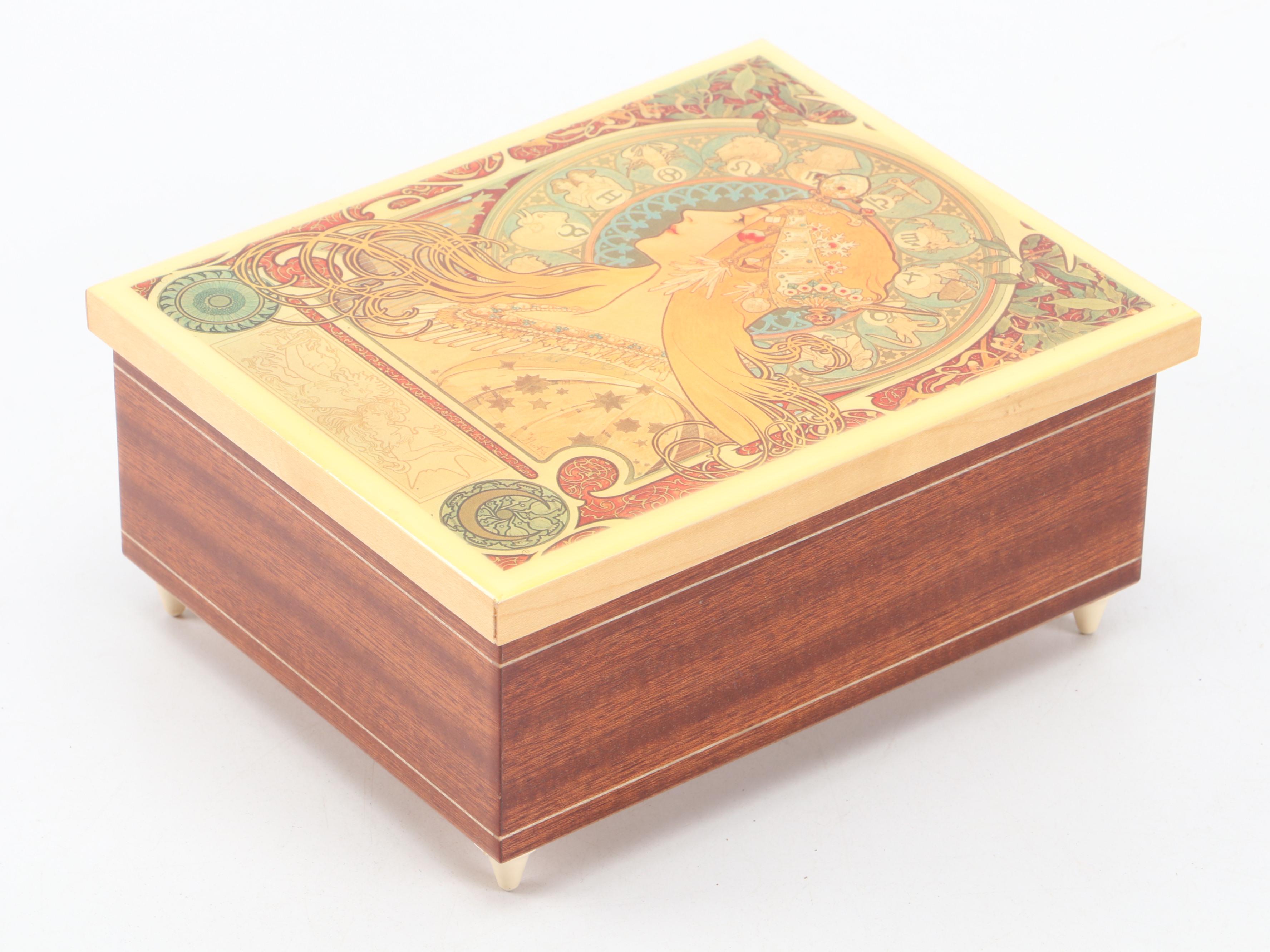 Reuge Lacquered Wood Music Box with Stainless Steel Two-Tiered Tray and More