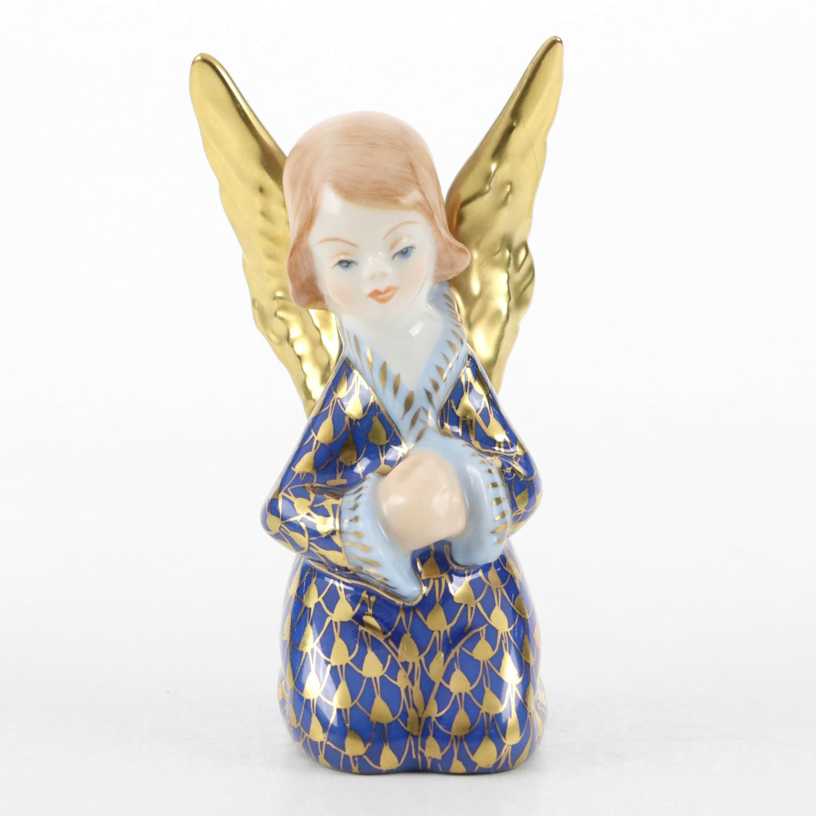 Herend Cobalt and Gold Fishnet "Praying Angel" Porcelain Figurine