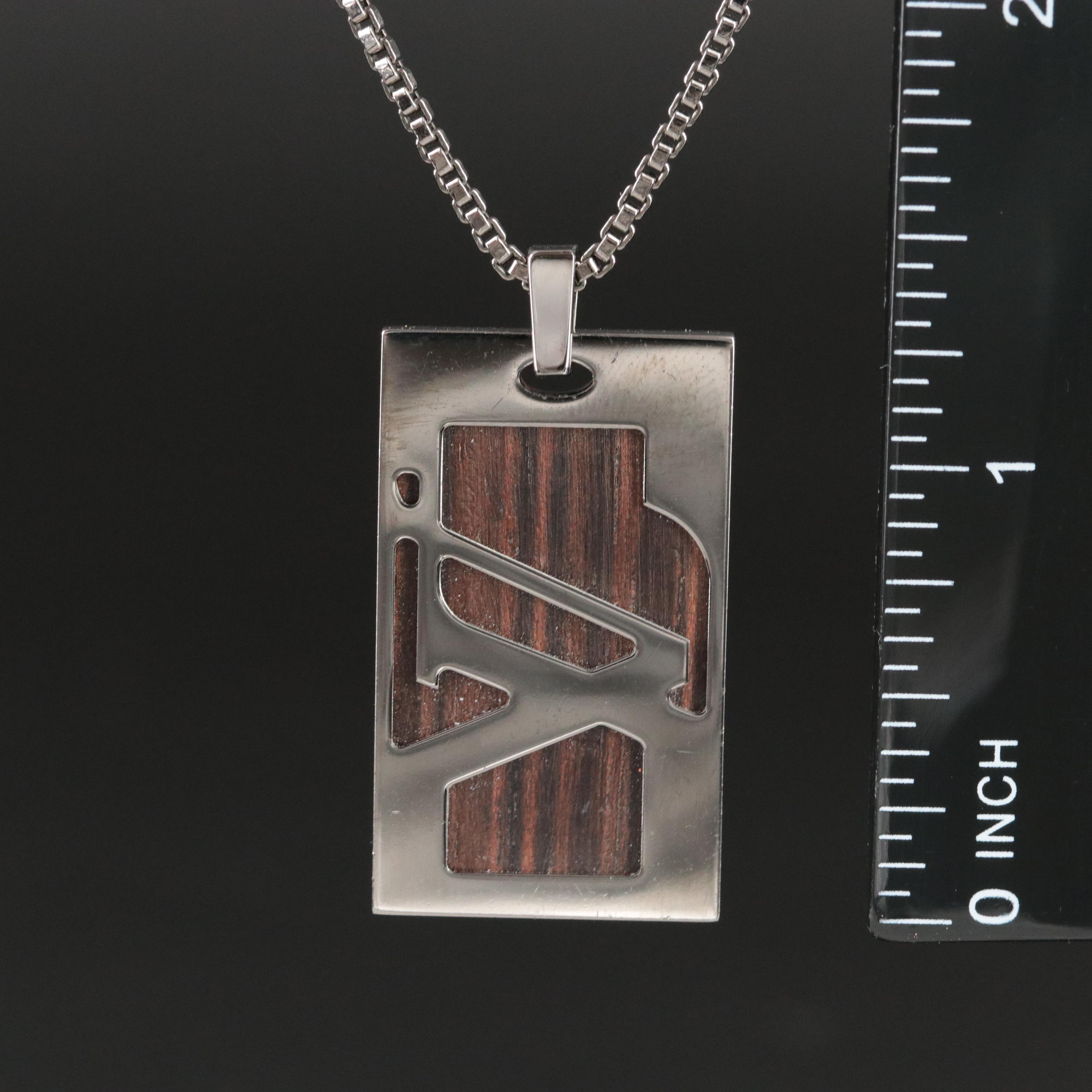 Louis Vuitton Logo Darkened Metal and Wood Dog Tag Necklace
