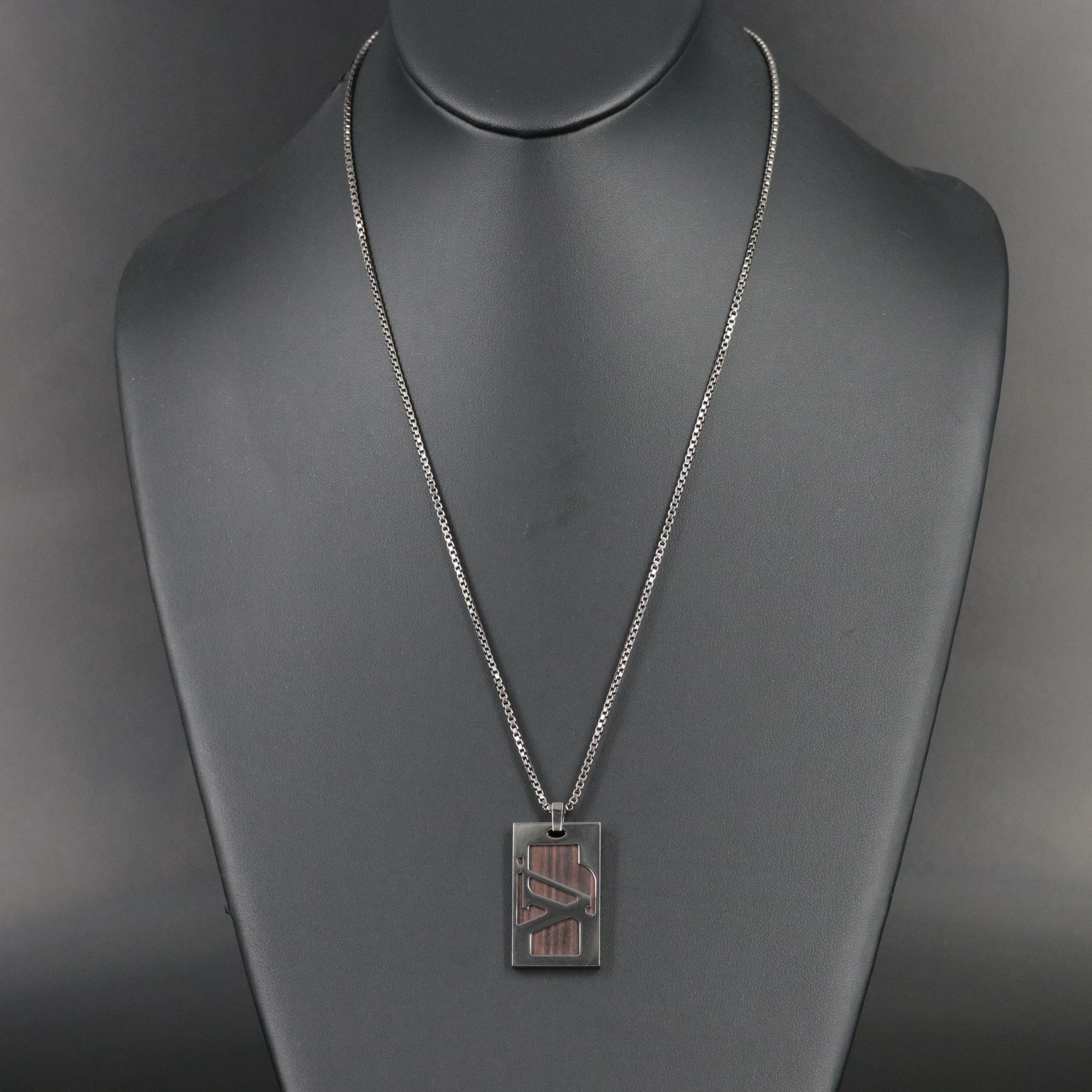 Louis Vuitton Logo Darkened Metal and Wood Dog Tag Necklace