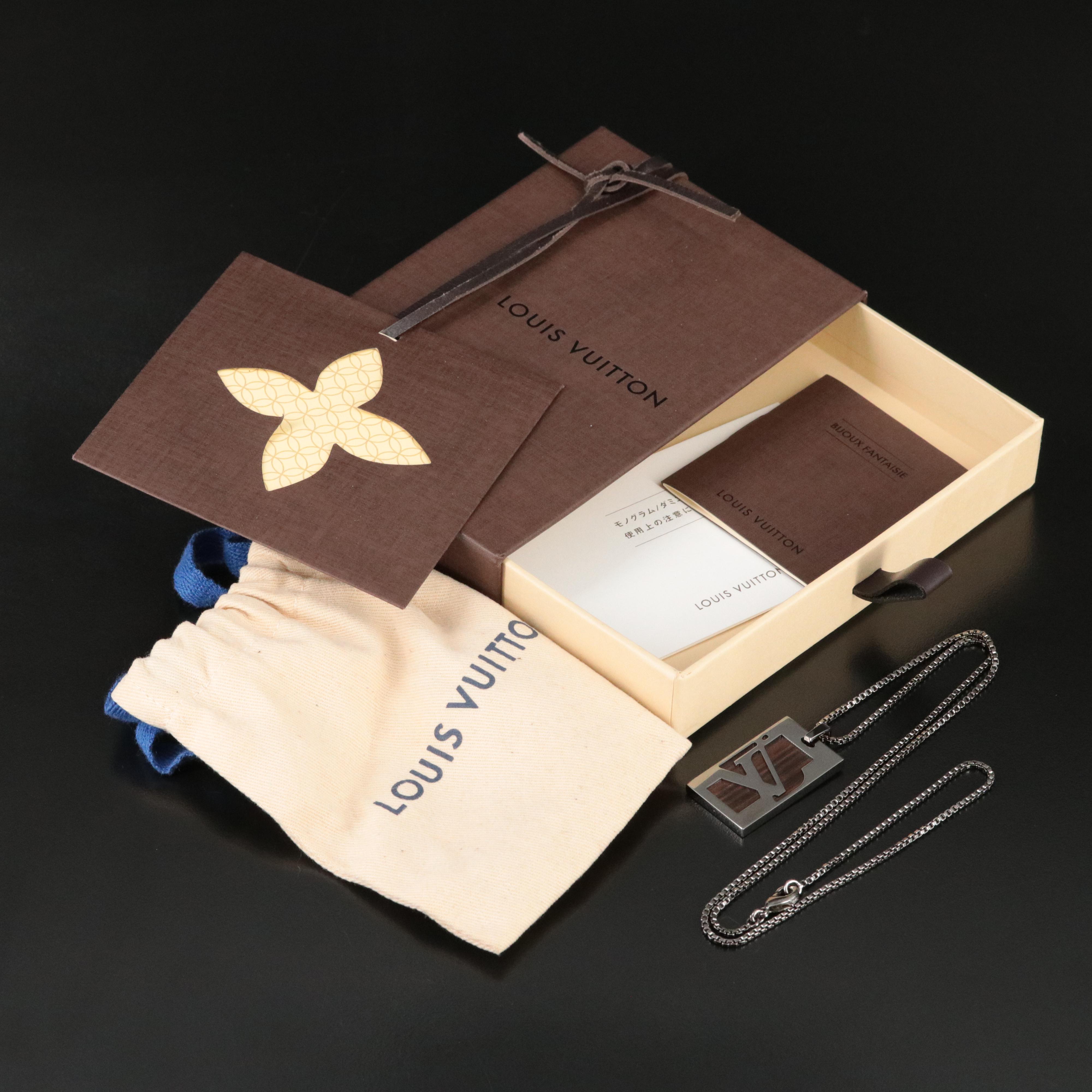 Louis Vuitton Logo Darkened Metal and Wood Dog Tag Necklace