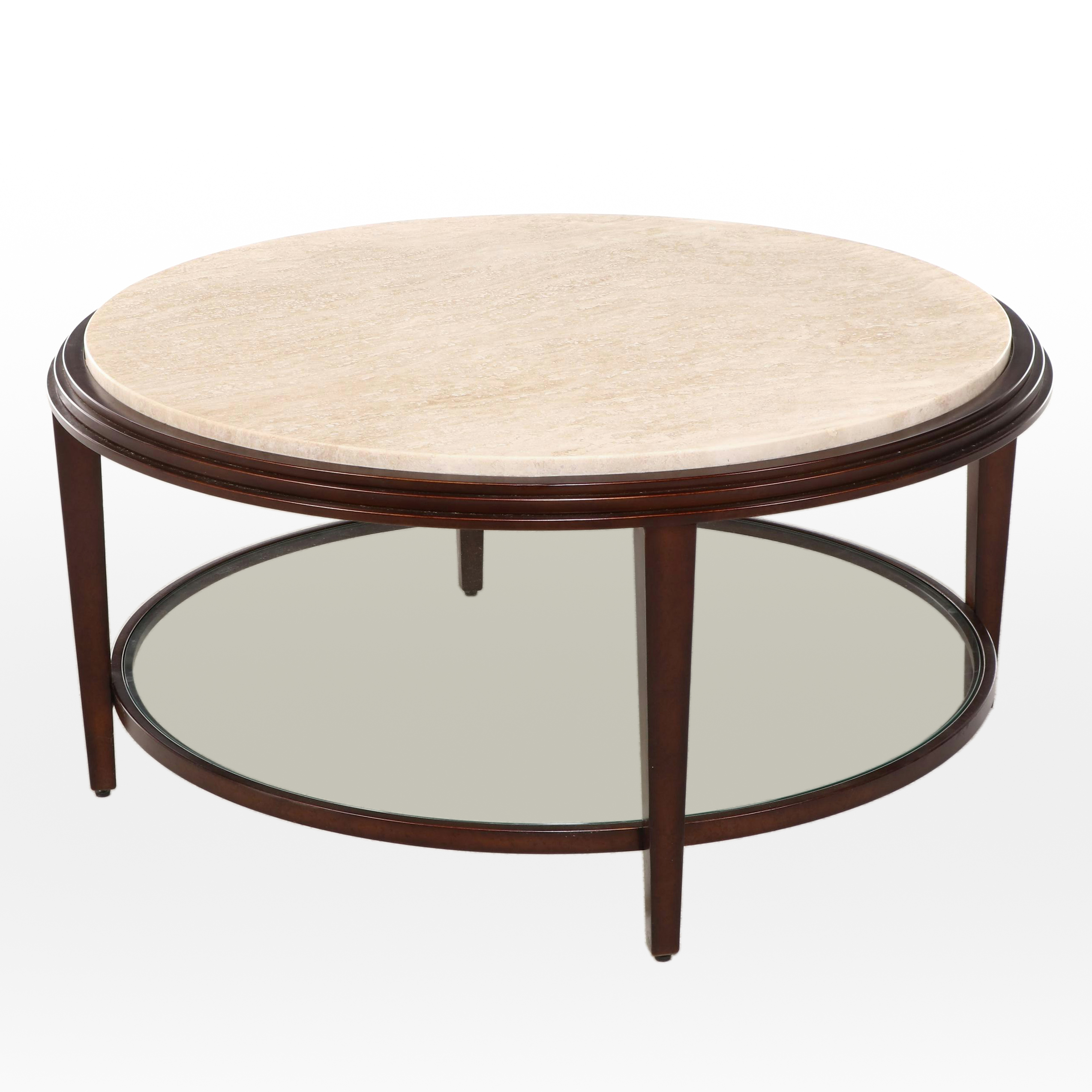 Artistica Patinated Metal, Travertine, and Glass Two-Tier Coffee Table