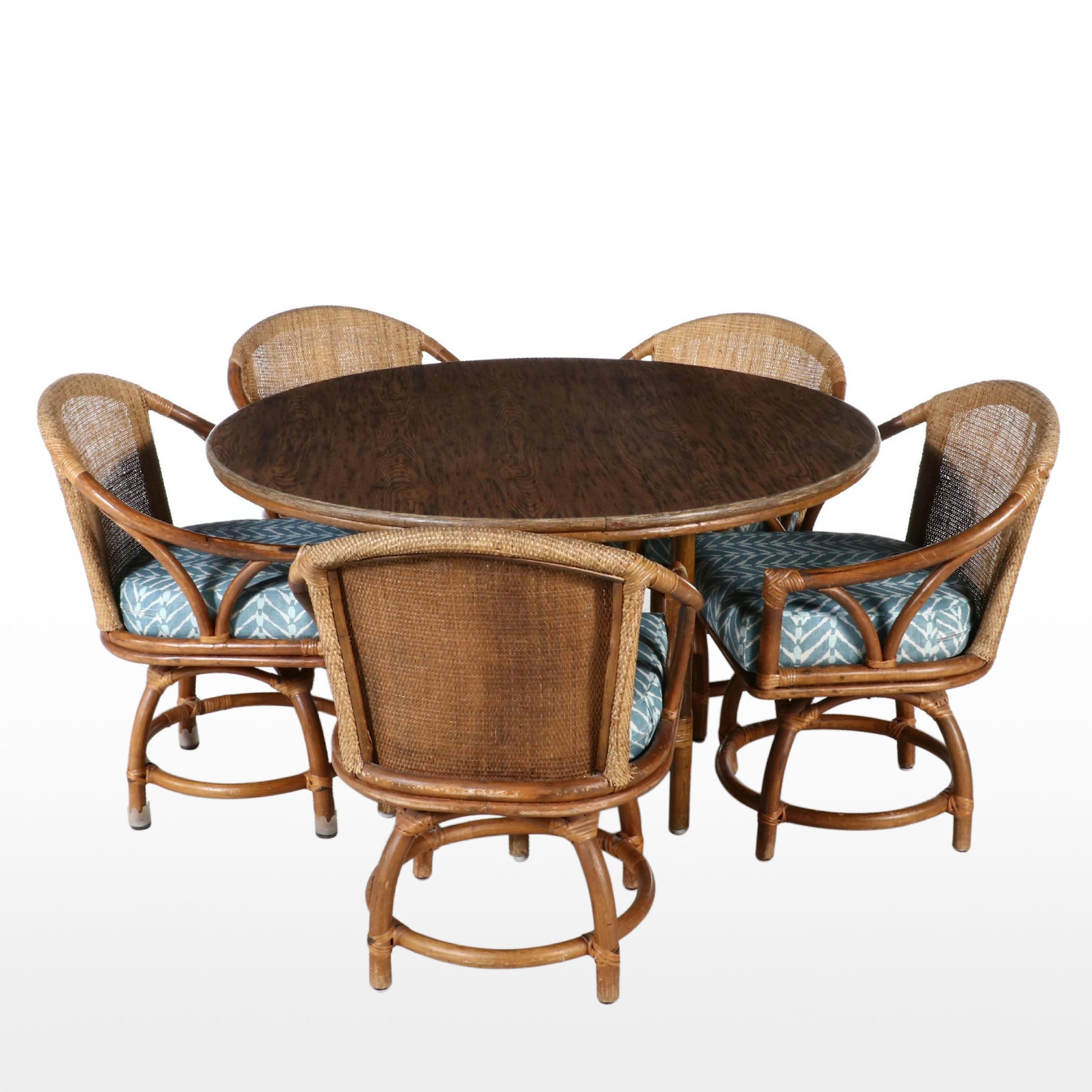 Rattan Dining Table and Five Swivel Chairs, Mid-20th Century