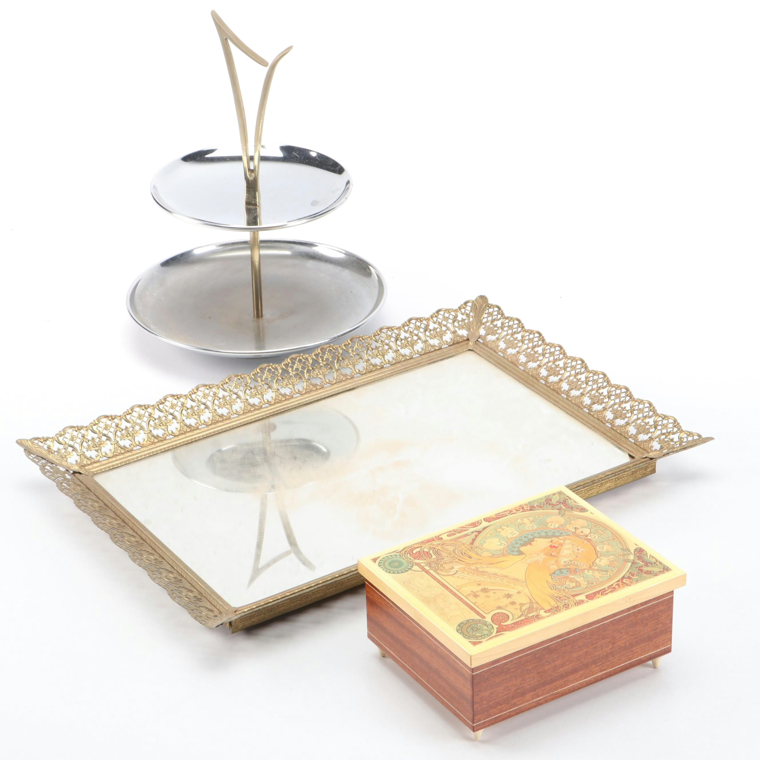 Reuge Lacquered Wood Music Box with Stainless Steel Two-Tiered Tray and More