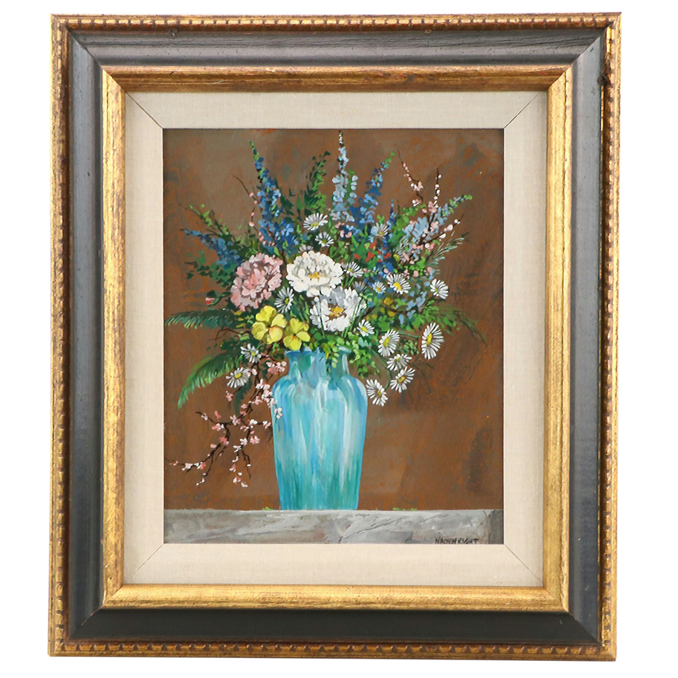 Wainwright Floral Still Life Oil Painting "Flower in Blue Vase," 1972