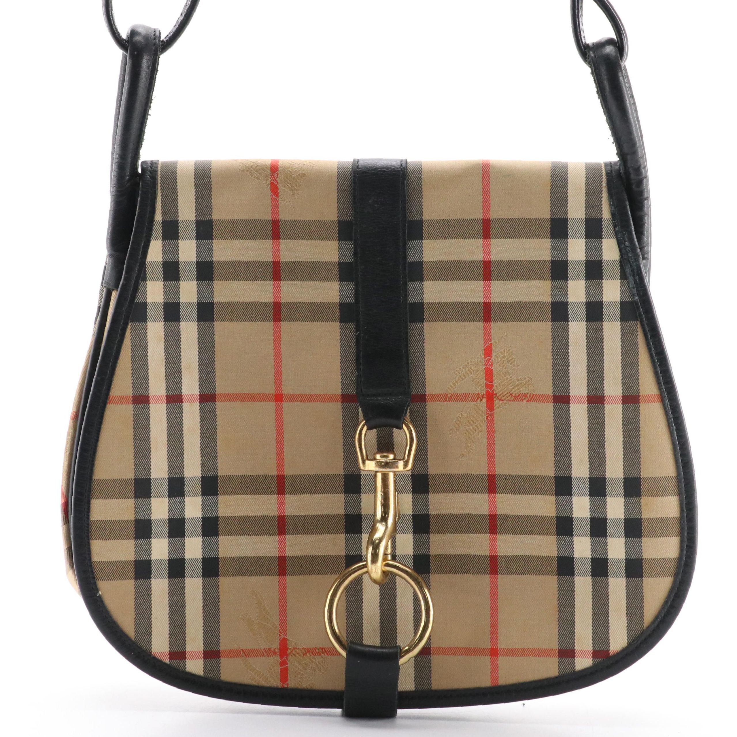 Burberrys Saddle Bag Shoulder Purse in Haymarket Check Canvas and Leather