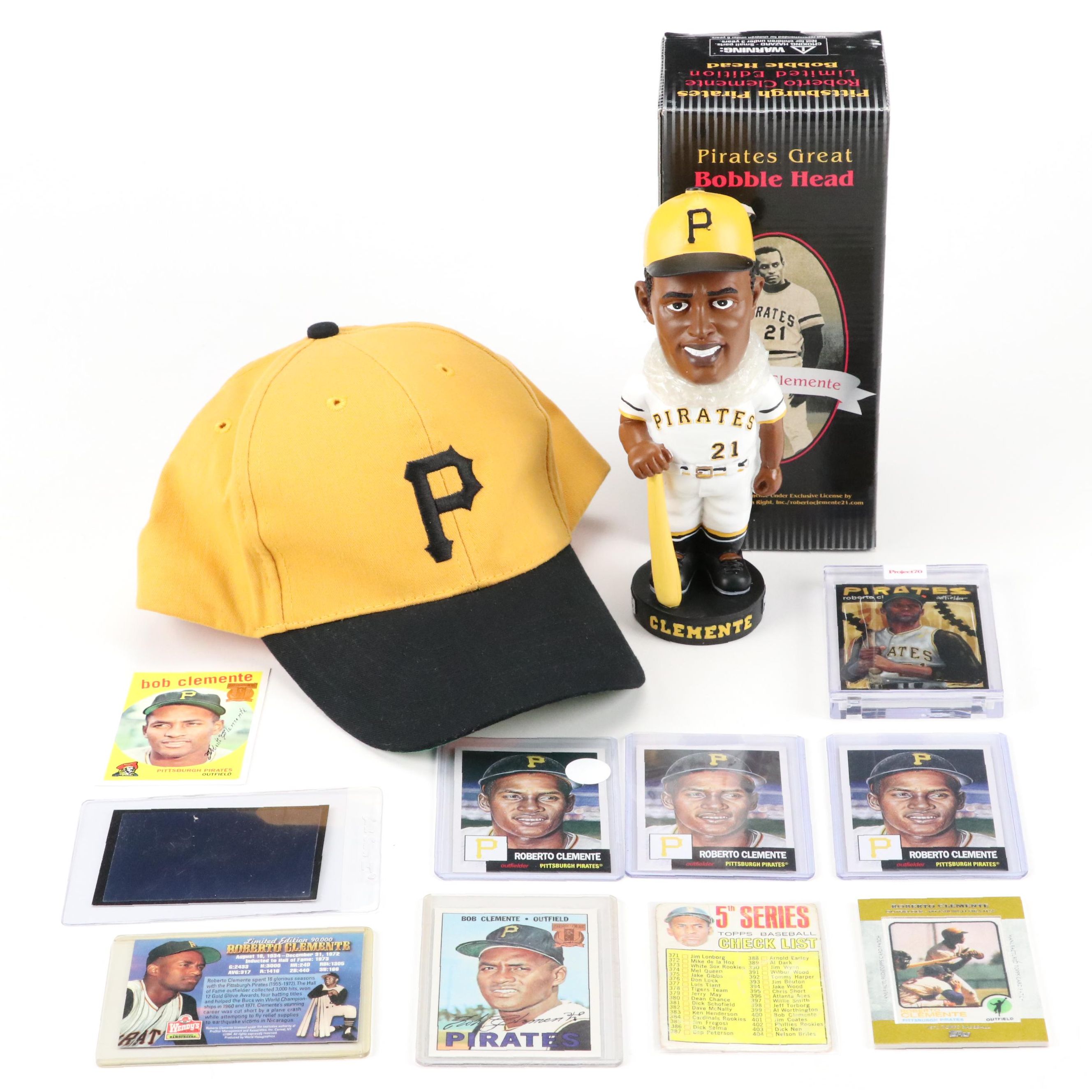 Roberto Clemente Baseball Cards and Bobblehead with Pittsburgh Pirates Hat