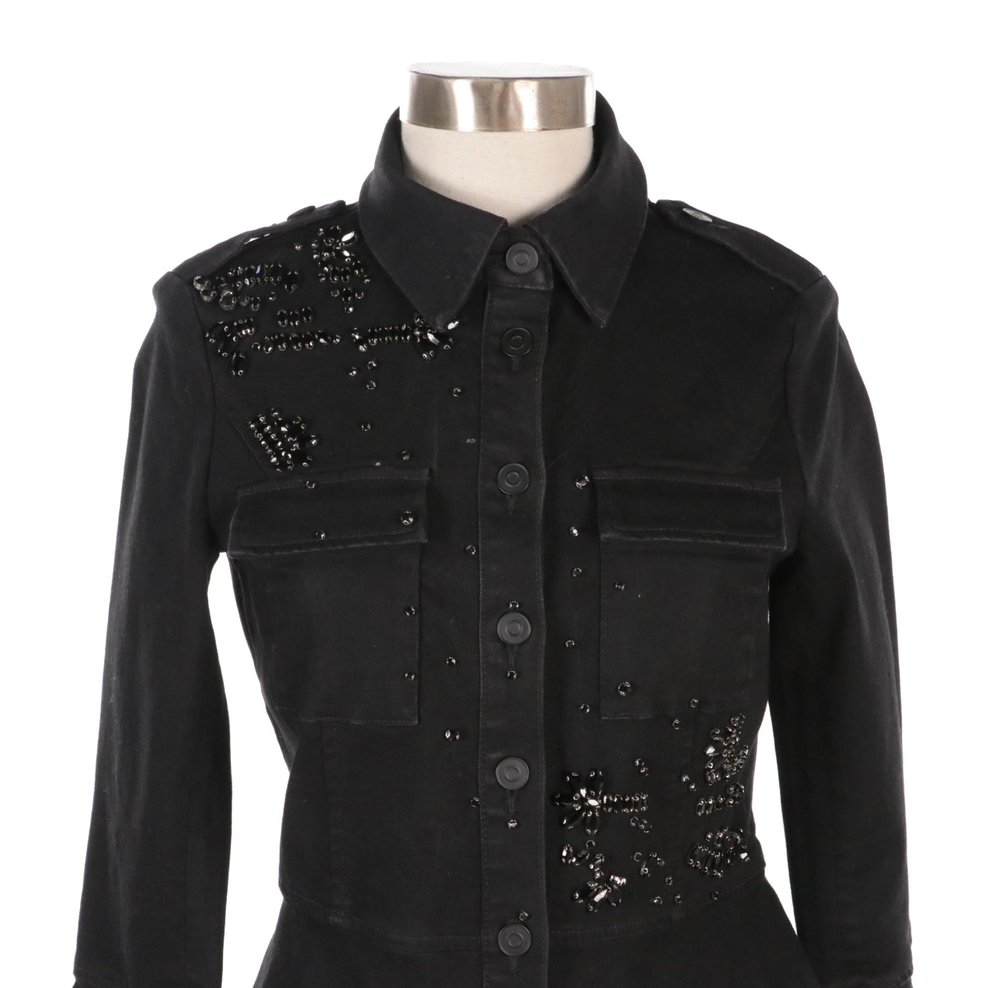 Scripted Black Rhinestone Embellished Jean Jacket, Liverpool White Denim Jacket