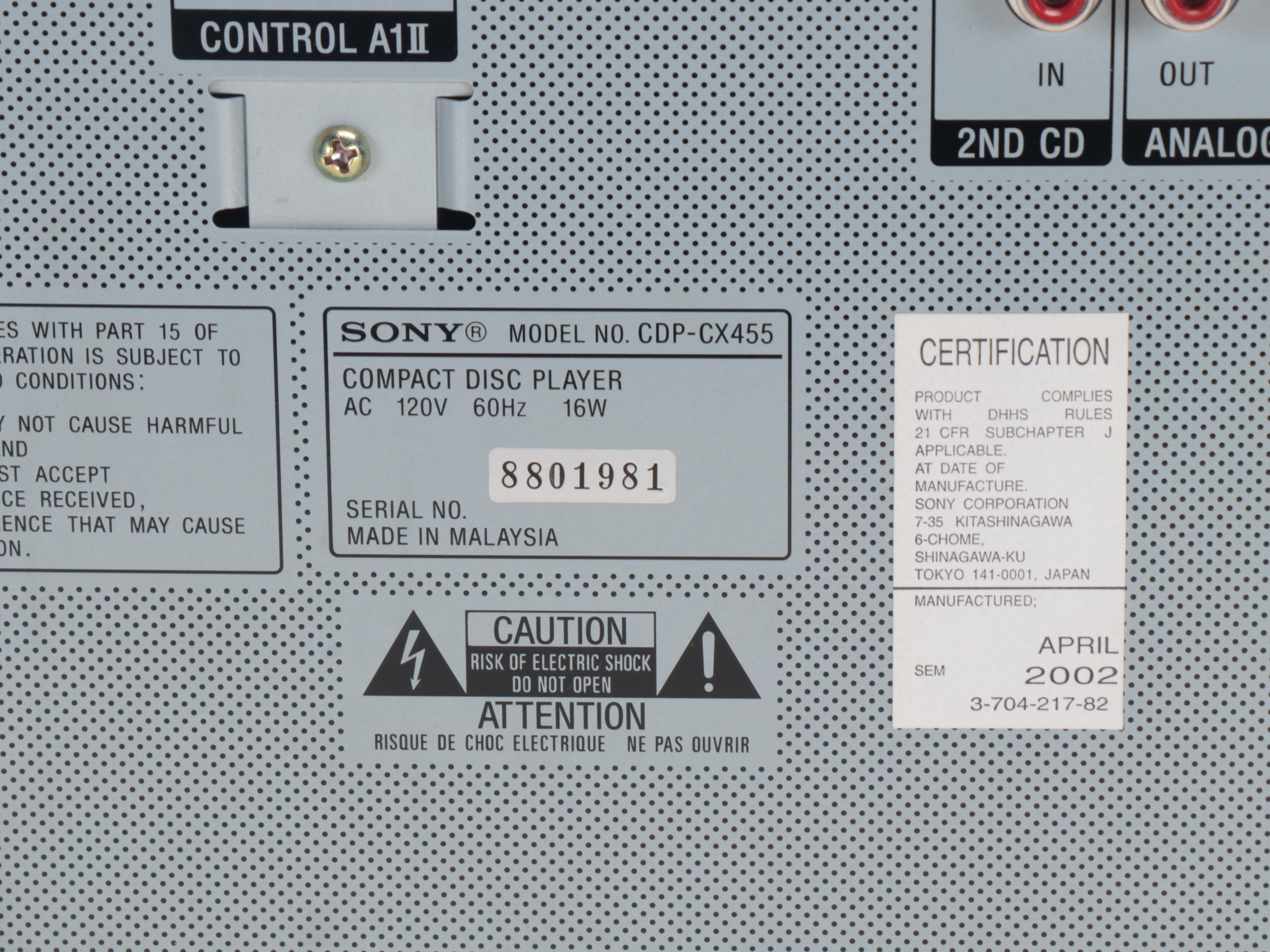 Sony CDP-CX455 400-Disc CD Changer/Player with Remote, 2002