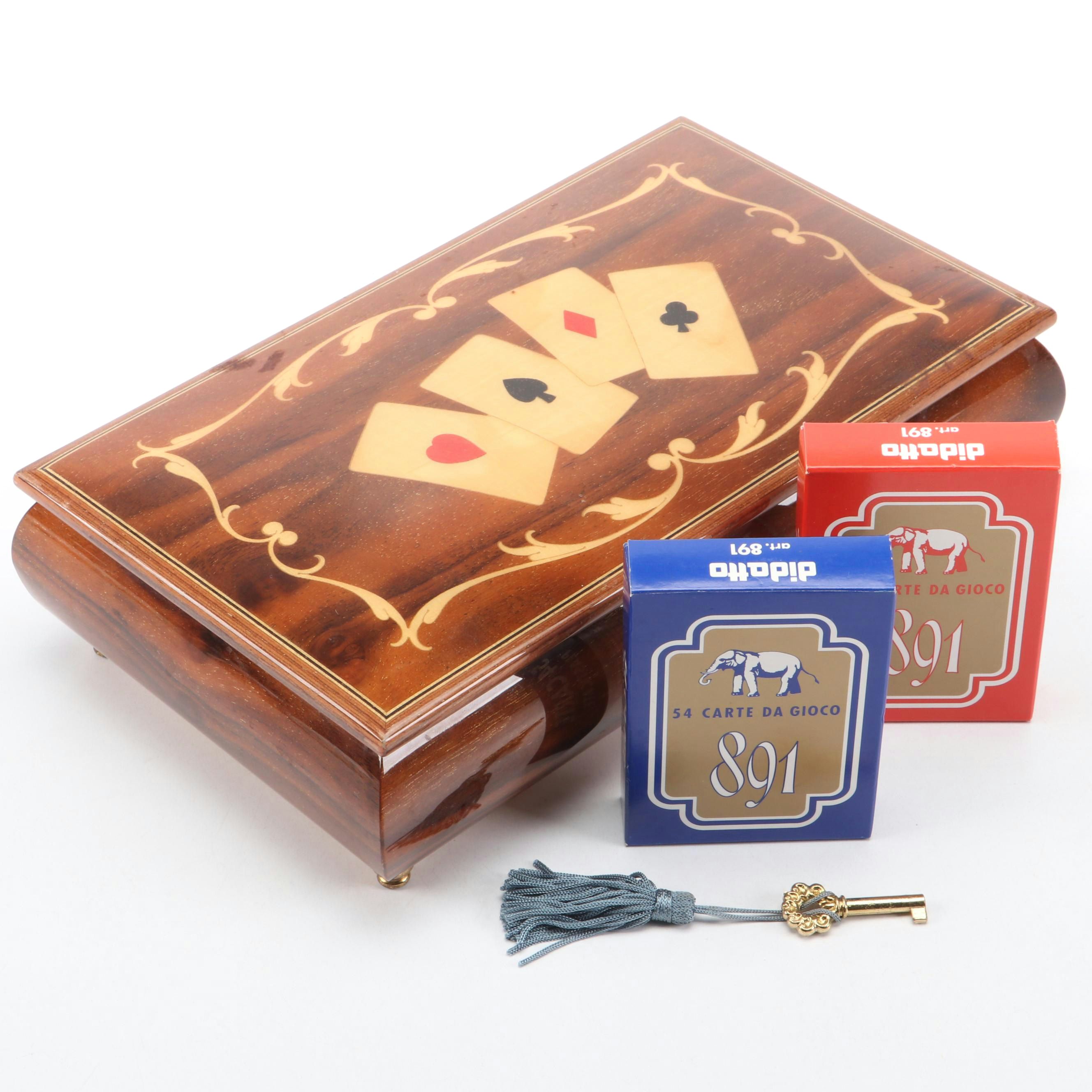 Italian Playing Card Sets with Card Suit Motif Wood Inlay Lidded Box