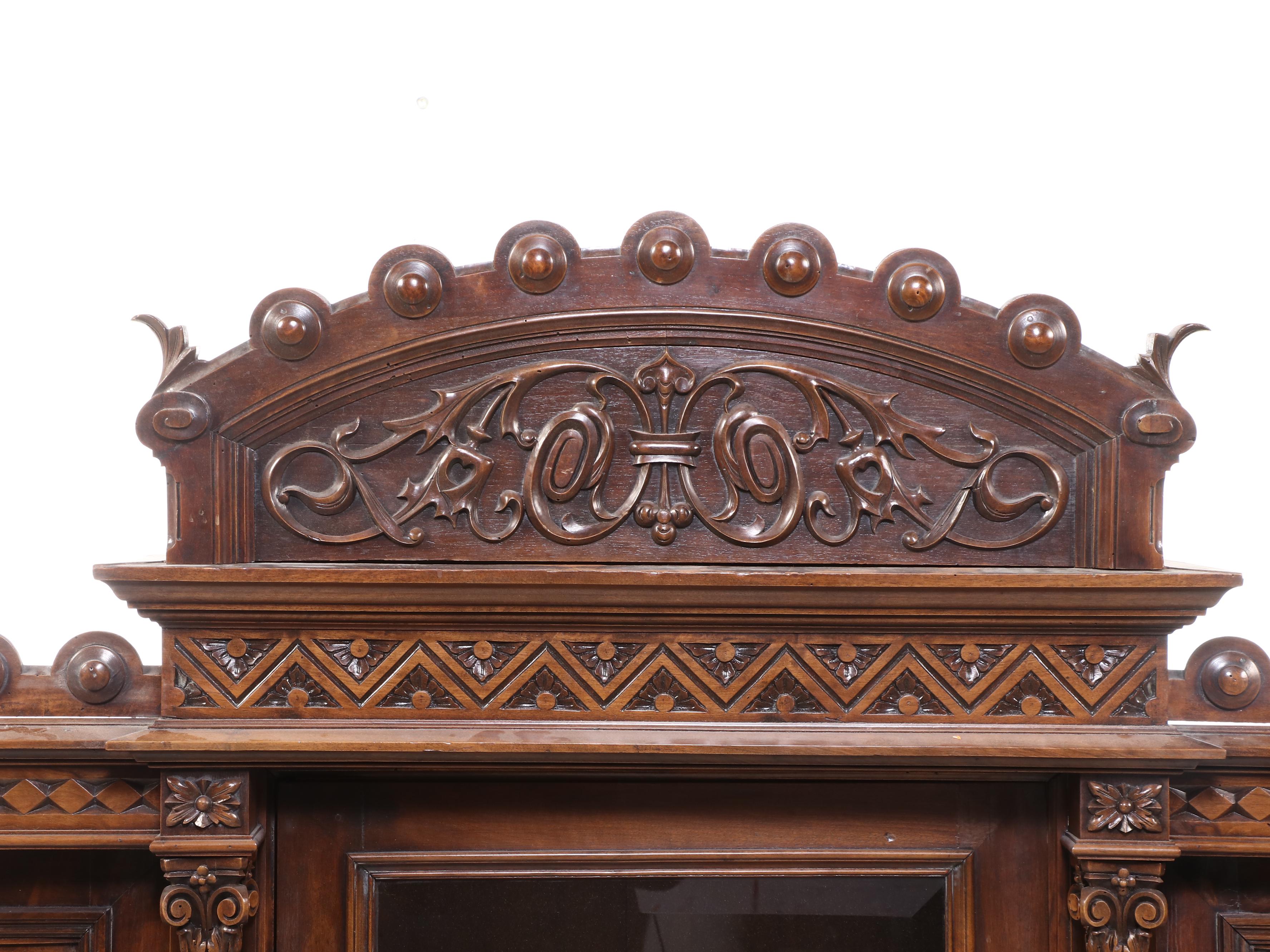 Monumental Renaissance Revival Carved Walnut & Rouge Marble Buffet à Deux Corps