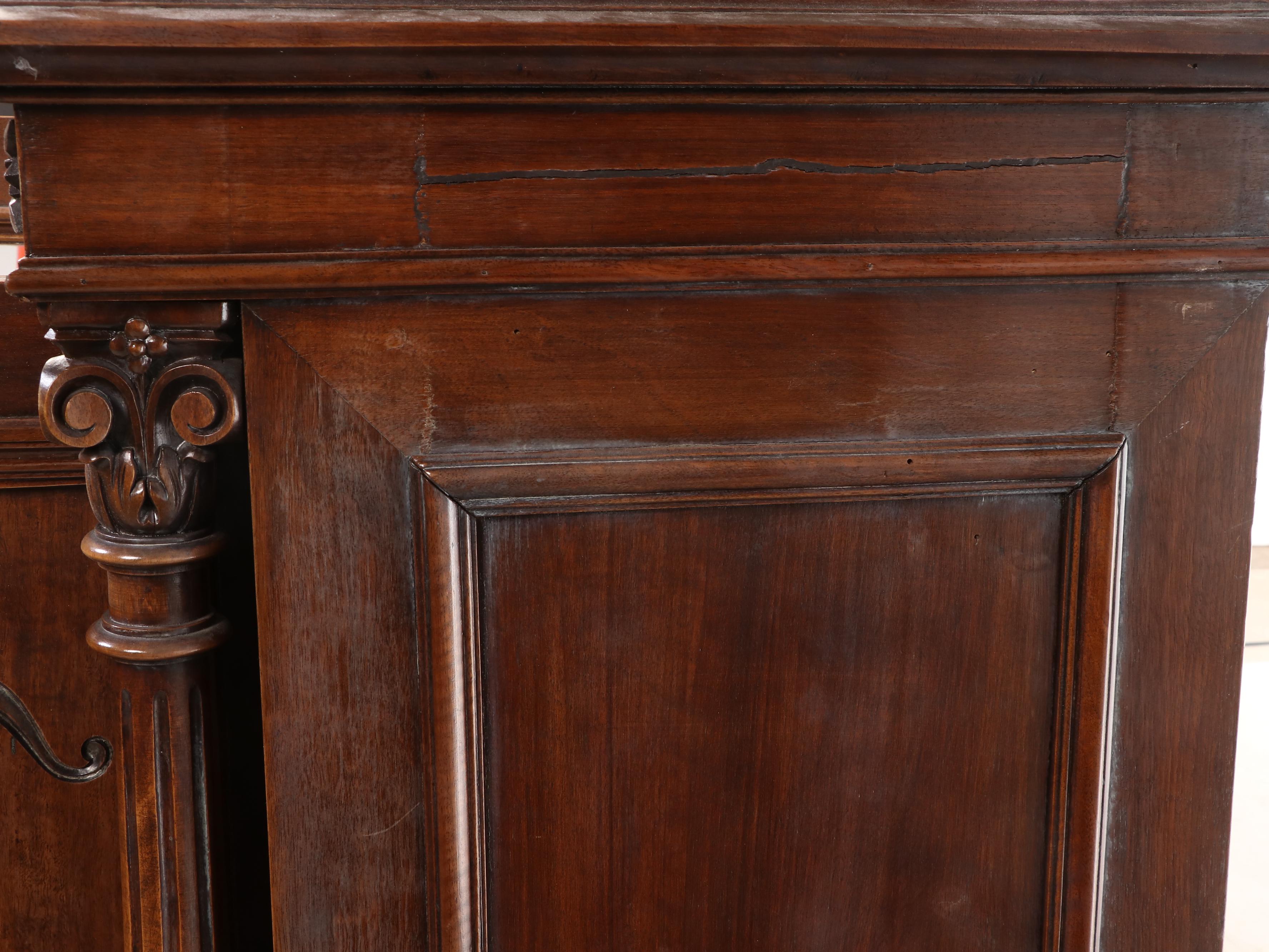 Monumental Renaissance Revival Carved Walnut & Rouge Marble Buffet à Deux Corps